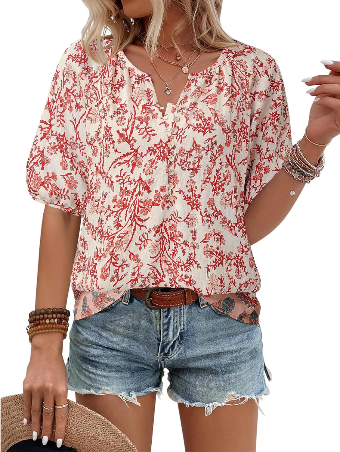 Unixseque Womens Summer Tops V Neck Short Sleeve Blouses Casual Button Down Shirts Floral Boho Clothing Trendy 2025 - Image 2