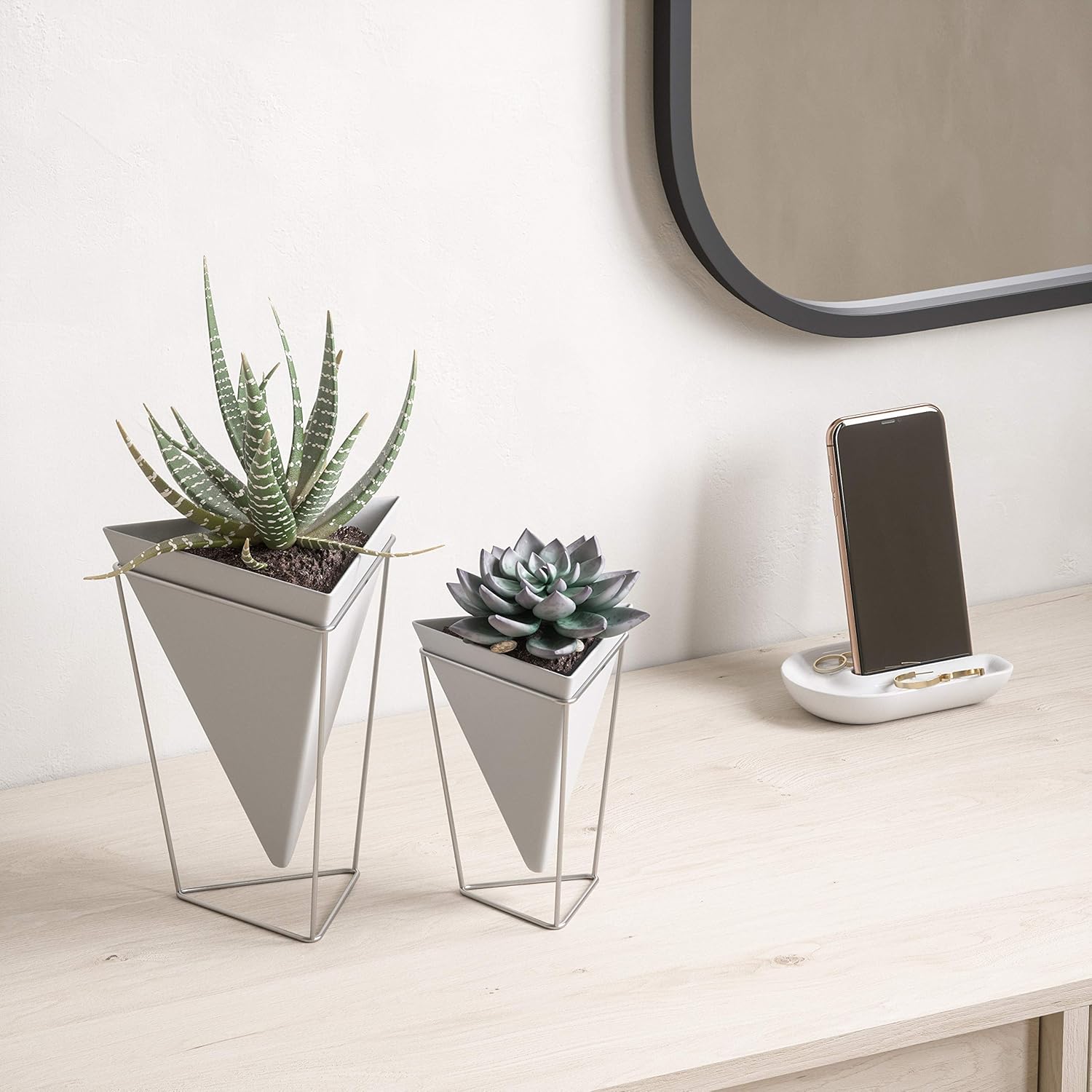 Umbra Trigg Desktop Planter Vase & Geometric Ceramic Container - Great for Succulent Plants, Air Plant, Mini Cactus, Faux Plants and More, Set of 2, Tabletop, White/Nickel
