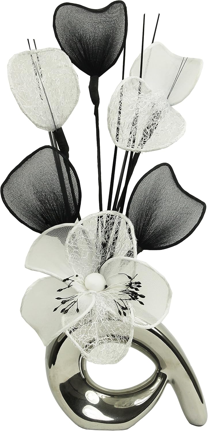 Flourish 792725-Mini Swirl Vase with Artificial Flower Arrangement-Black/White-32cm, Unique, Black/Silver