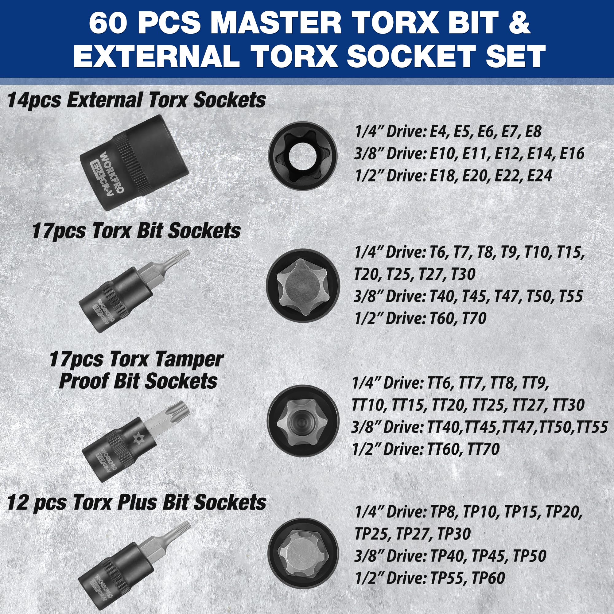 WORKPRO 60-Piece Master Torx Bit Socket Set, 1/4", 3/8", 1/2" Drive Bits, E4-E24, T6-T70, TT6-TT70, TP8-TP60 - Image 2