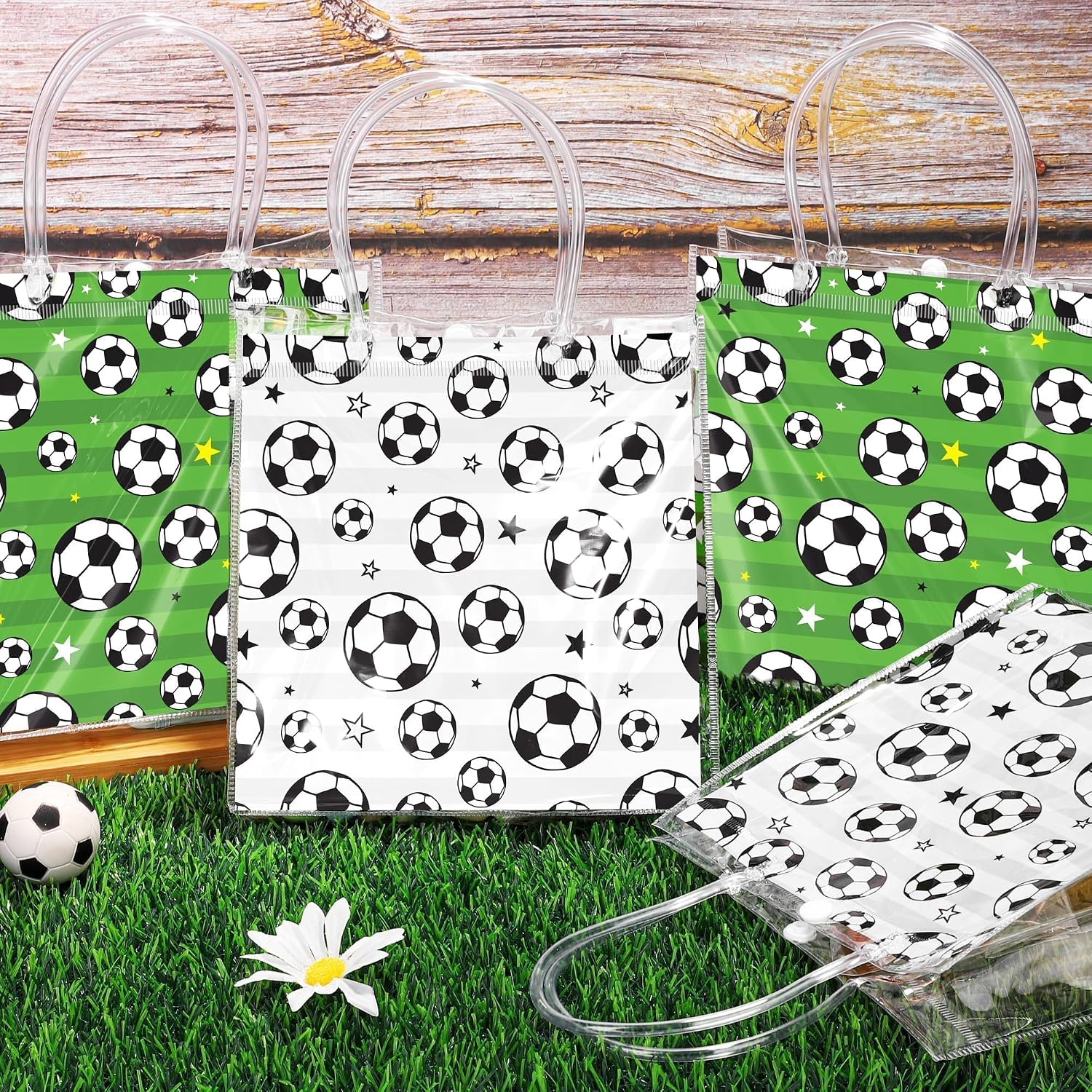MIMIND 30 Pieces Soccer Gift Bags with Handles PVC Clear 8 x 8 x 3.15 Inch Soccer Goodie Bags Sport Themed Party Favor Treat Bag for Team Birthday Holiday Party Supplies image 4