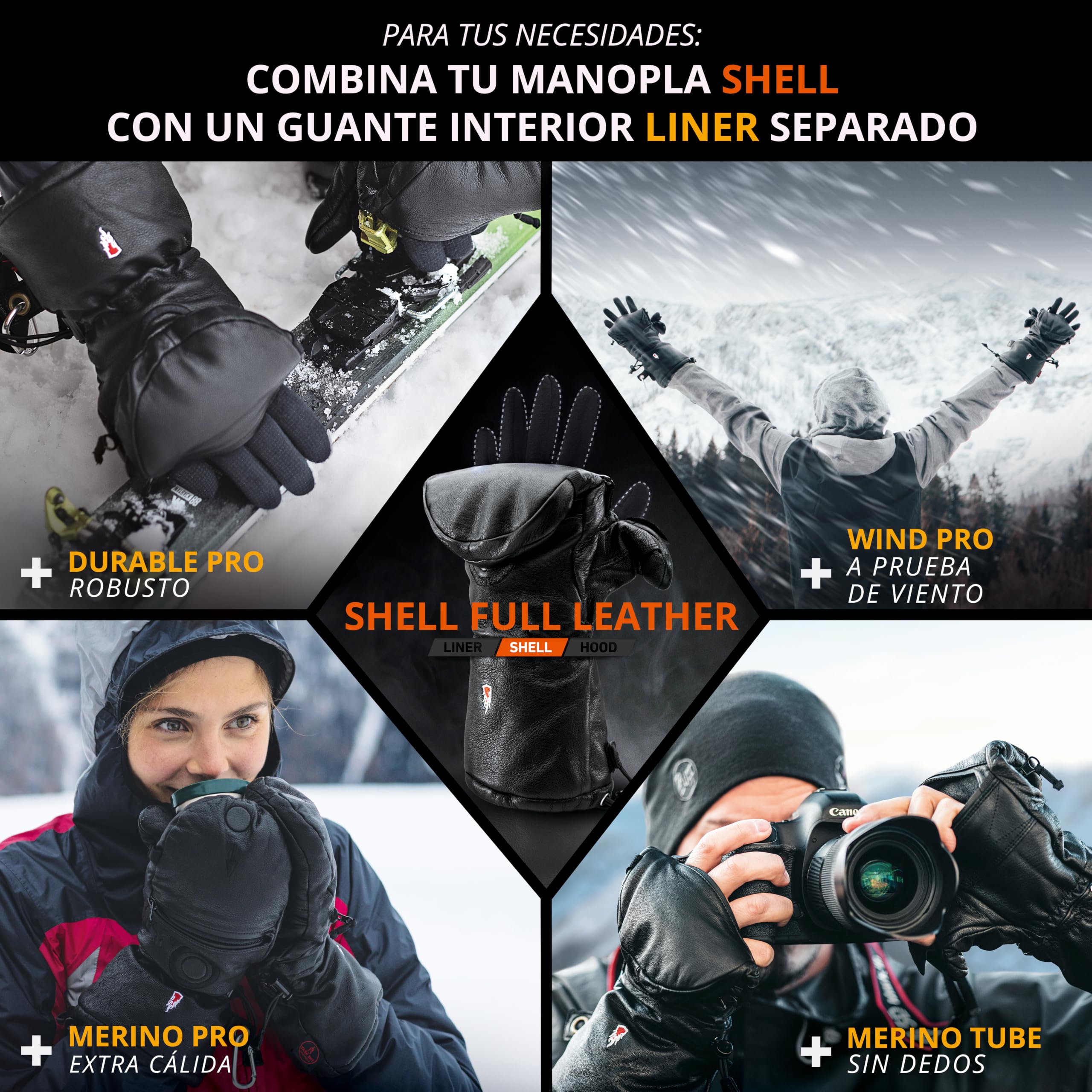 THE HEAT COMPANY Shell Full Leather Manoplas: guantes cuero desplegables - innovación del guantes - guantes esqui extra cálidos - guante termico invierno: hombre & mujer - sin guante interior - unisex