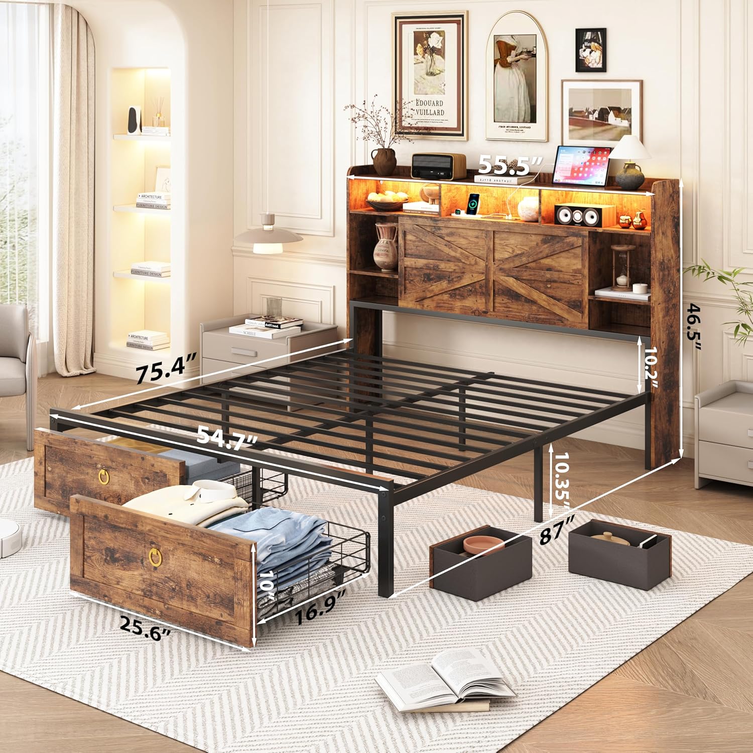 TIGUBFRE Full Bed Frame with 4 Drawers Bookshelf Headboard, Farmhouse Bed Frame with Charging Station & LED Lights, Metal Slats Support, Noise Free, No Box Spring Needed Rustic Brown