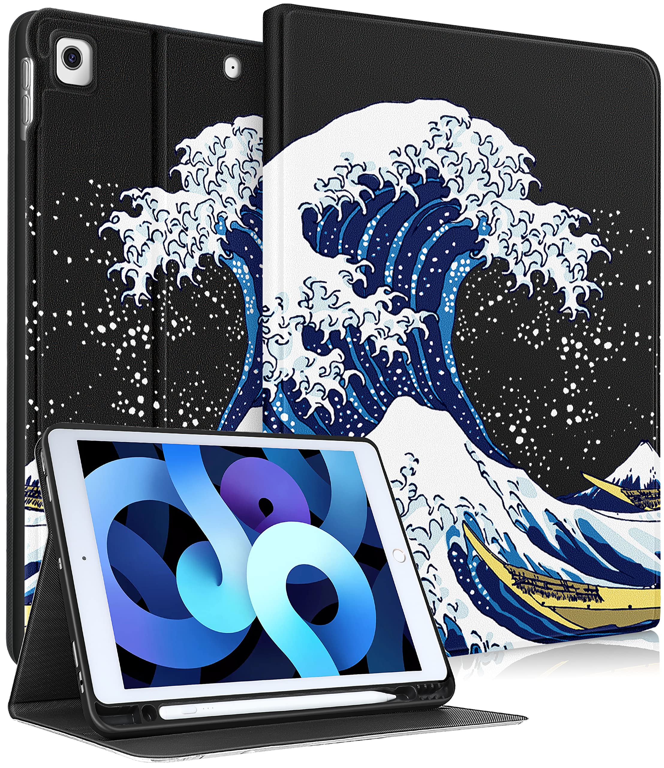 uppuppy for ipad 9th/8th/7th generation case 10.2 inch cute boys kids folio smart cover with pencil holder great wave design men teens unique cases for ipad 7/8/9 gen a2602 a2270 a2197