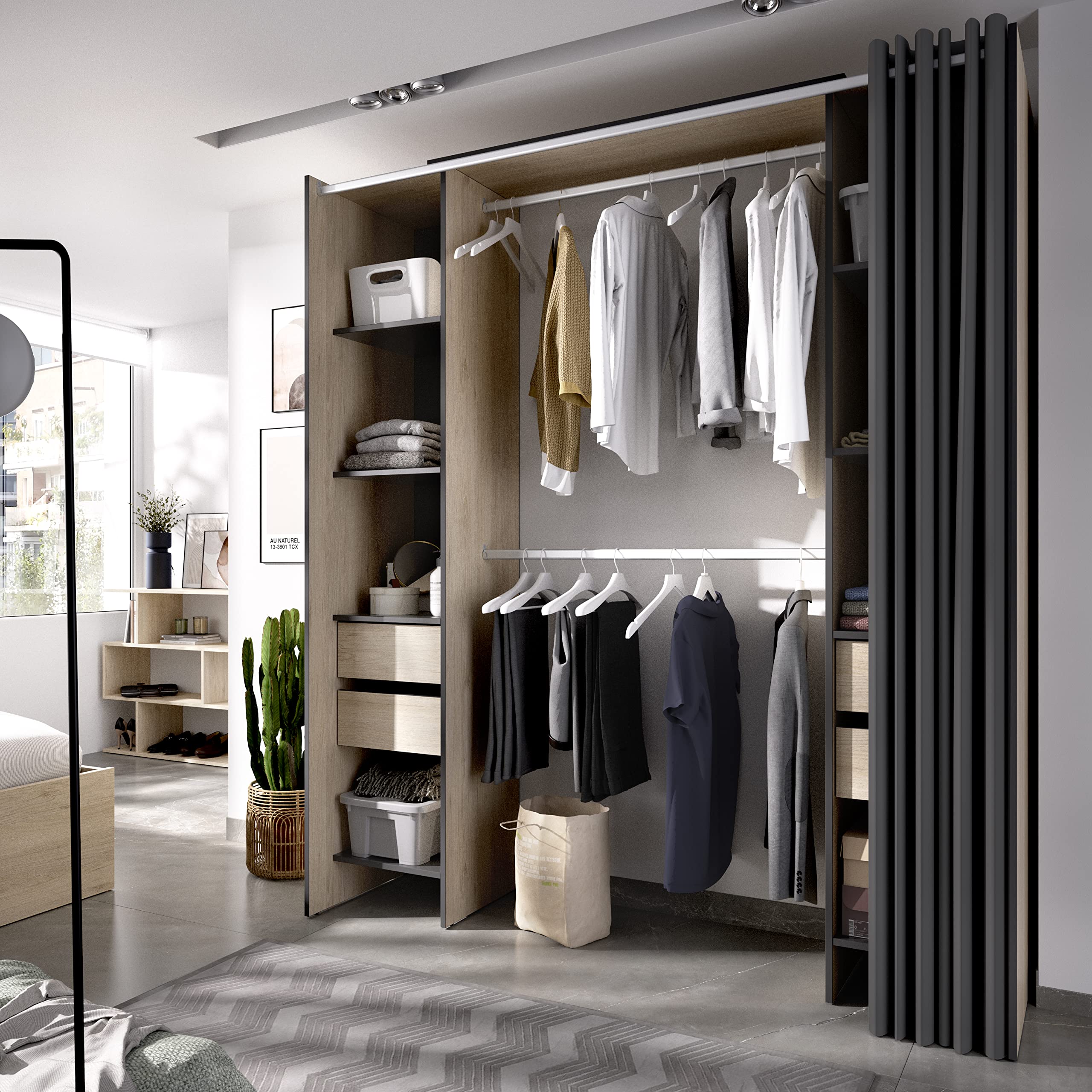 DEKIT GRUPO RIMOBEL SUIT - Vestidor con estantes y curato cajones con cortina - Natural / Grafito - 205 X 50 X 177,5 cm