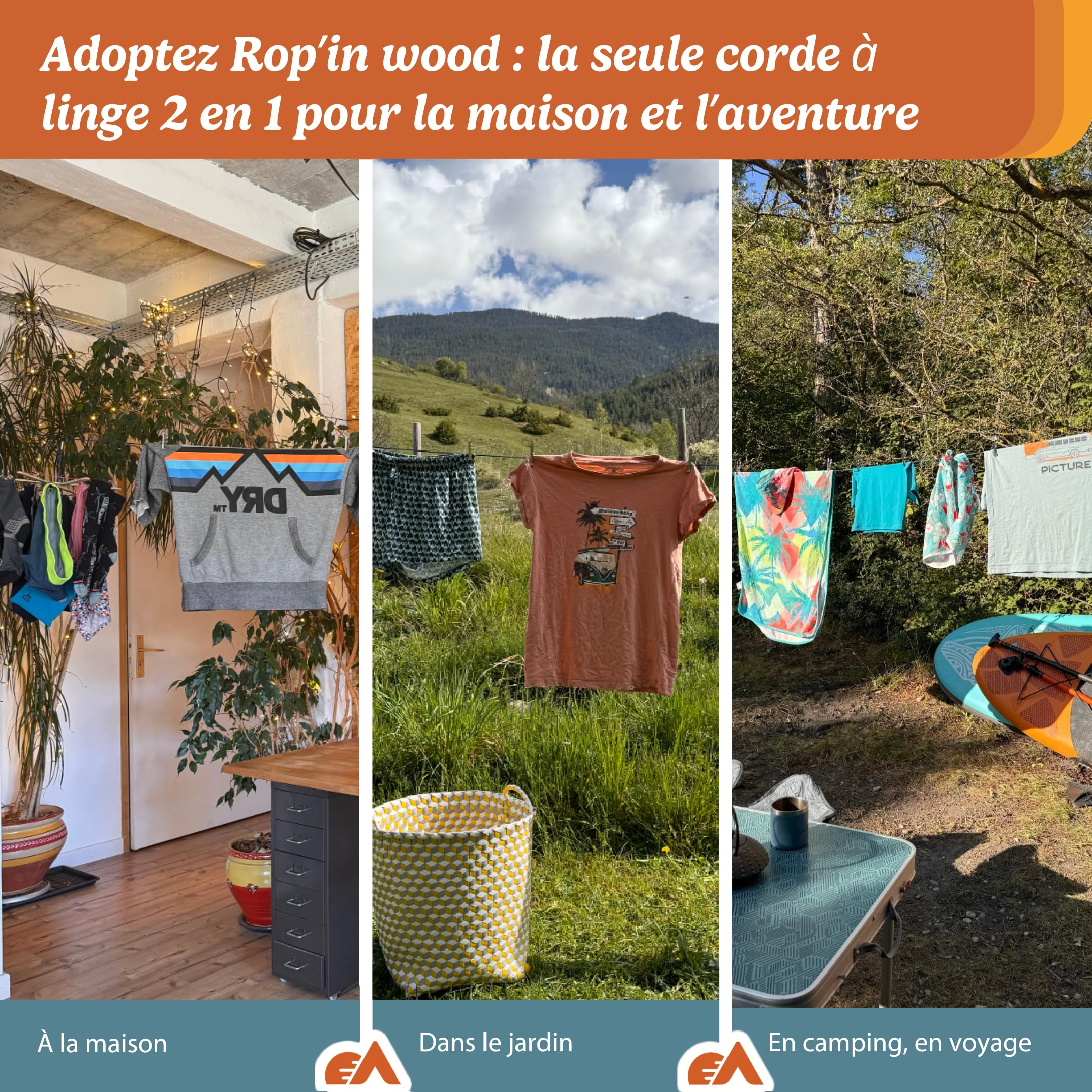 Etendoir a Linge Pliable + Corde a Linge Exterieur Intérieur 10M + Sac à Linge 50 x 40 cm, 20 Pinces à Linge INOX, 2 Attaches Arbre/Corde, 2 Crochets, 5 Mousquetons, Voyage Accessoires Made in France