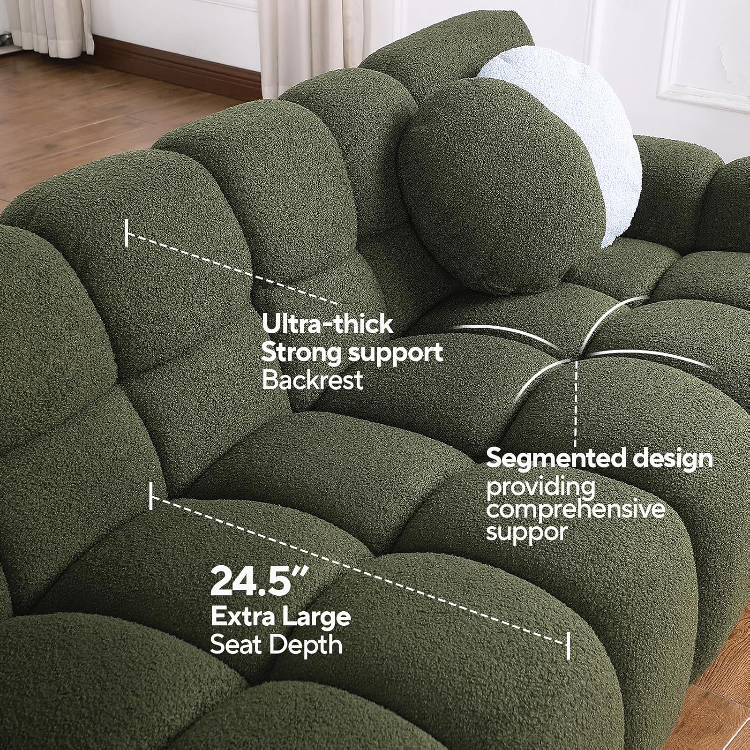 Boucle Sofa for Living Room, Cloud Couch with Solid Eucalyptus Frame & Cloud Pillow, Mid Century Modern Couch for Office Living Room Coffee Room (Green, 65"-Loveseat)