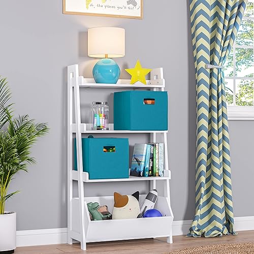 Miniatura 10 de RiverRidge Estantería de escalera de 4 niveles para niños con contenedor organizador de juguetes, 2 contenedores plegables de tela rosa y espaciosos