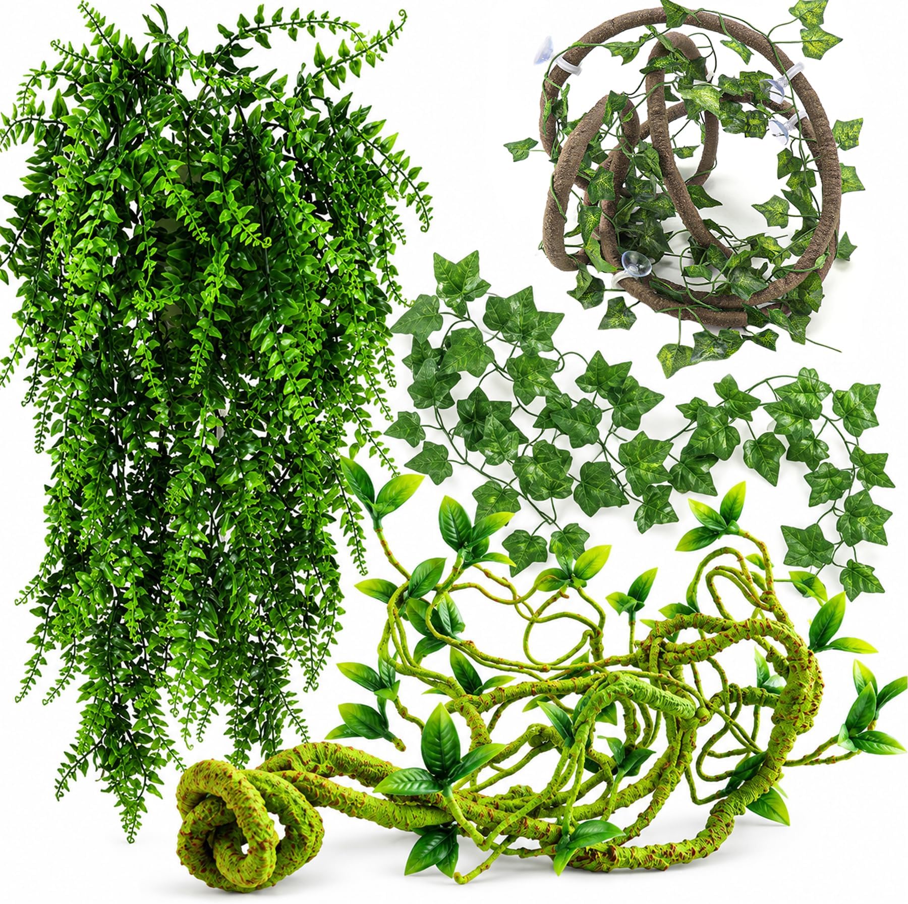 HERCOCCI Reptile Vines, Flexible Jungle Climbing Vines Terrarium Plastic Plants and Leaves Tank Accessories Decor for Gecko Snake Lizard Bearded Dragon Hermit Crab Frog