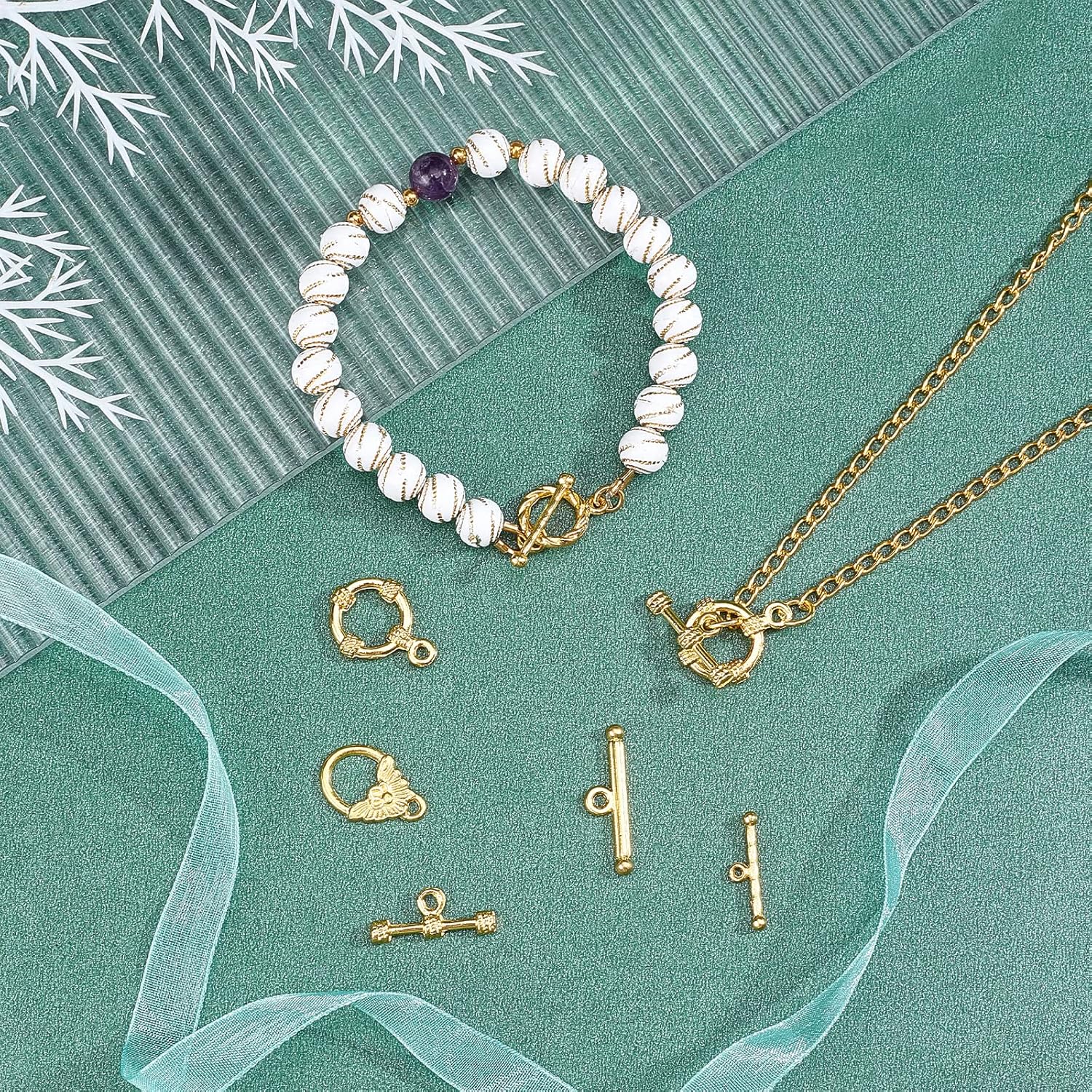 PH PandaHall 50 Sets 14K Gold Toggle Clasps, Flower Ring T-Bar Jewelry Clasps Tibetan Style Closure Gold Filled Clasp for Necklace Bracelet Jewelry Making DIY Craft, 5 Styles - Image 2