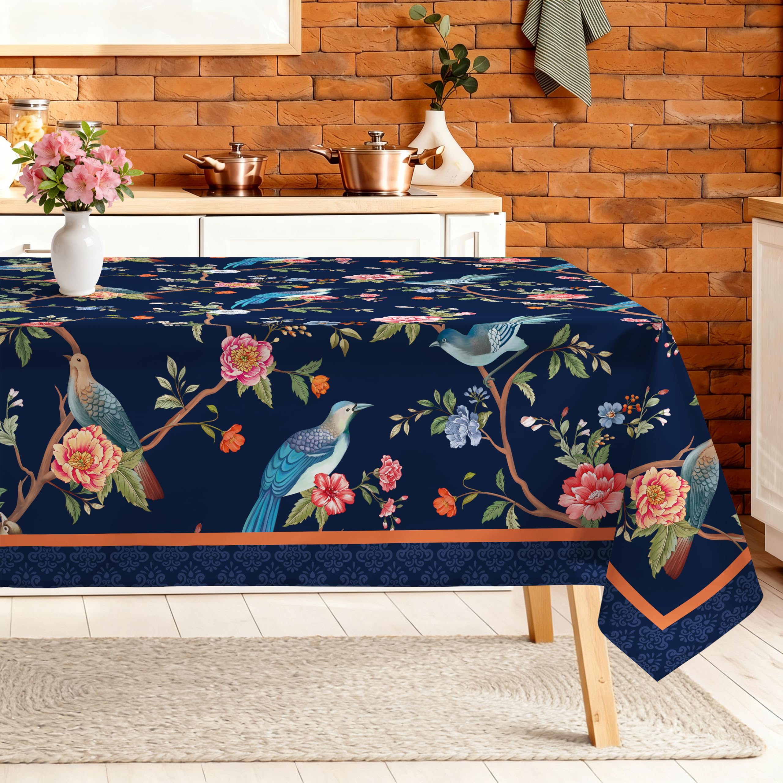 Arquiel Retro Birds Branch Table Cloth Rectangle Machine Washable Tablecloth, 152 * 304 cm, Polyester Deep Blue Table Cover for Kitchen Dinner Party Outdoor Decor