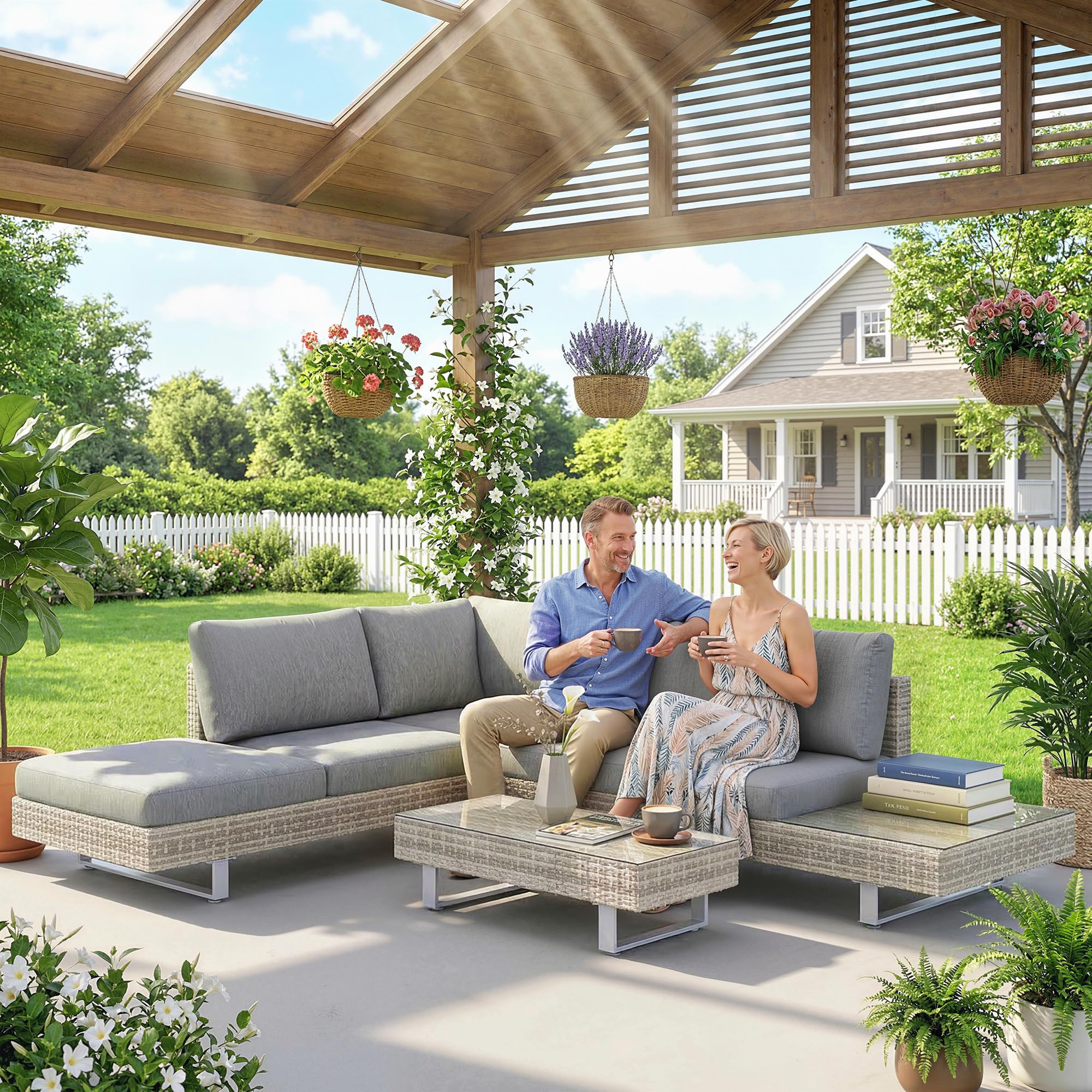 Outsunny Conjunto de Muebles Ratán de 3 Piezas Mesa de Centro Sofá Doble y Sofá de 3 Plazas con Cojines Extraíbles para Exterior Jardín Terraza Patio Acero Gris