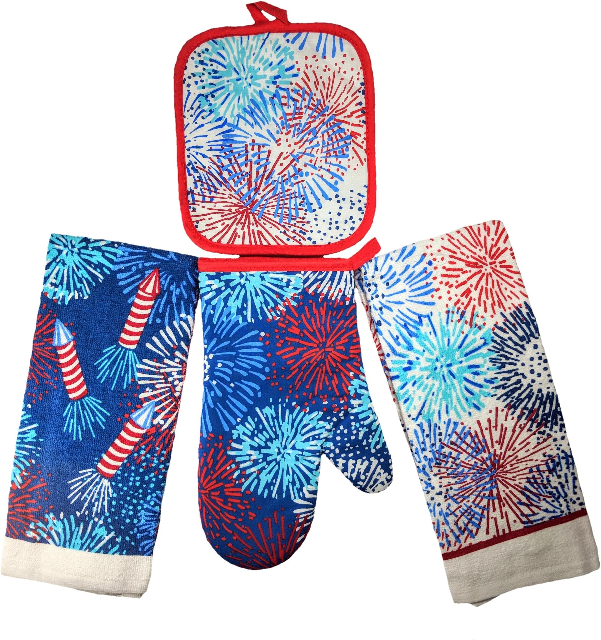 Summer Fun Products Mainstays 4 Piece Kitchen Bundle - Pot Holder, Oven Mitt, 2 Dish Towels - Fun Design (Fireworks)