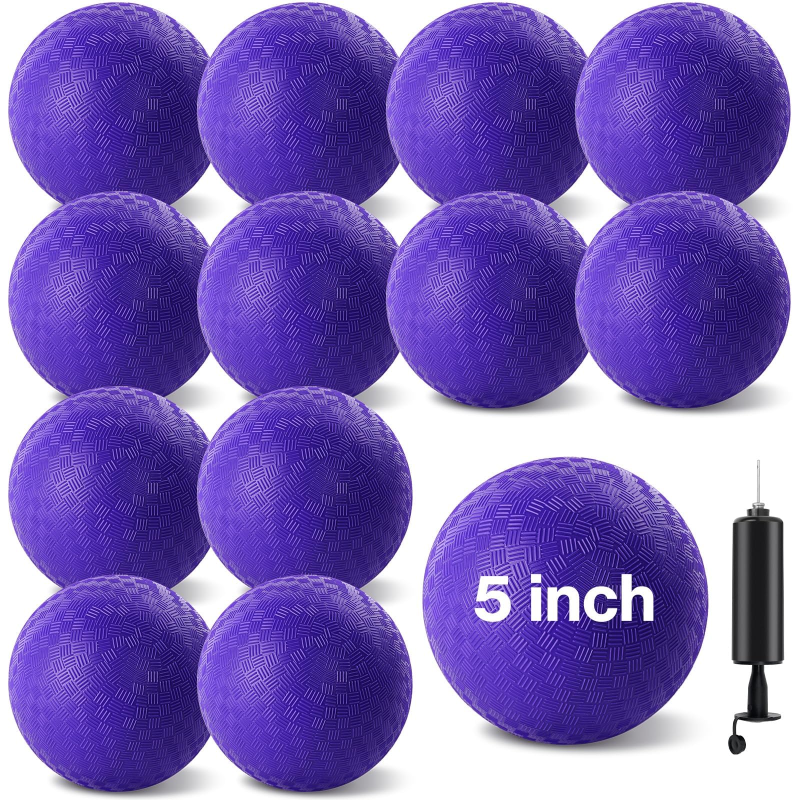 HSLCGF 12 Pcs Dodgeballs 5 Inch Playground Ball Kickball 4 Color Inflatable Rubber Handball Bouncy Dodge Ball with 1 Hand Pump for Outdoors Ball Games Gym Camps Picnic (12pcs 5inch, Purple)