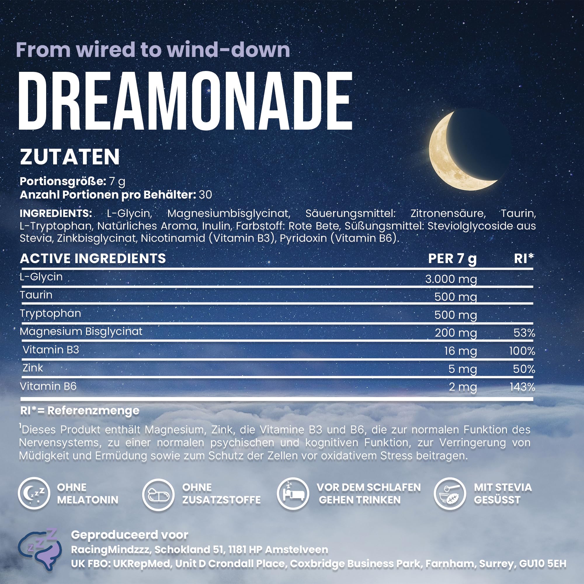 Dreamonade Getränkepulver für die Abendroutine | Magnesiumbisglycinat, Zink, Taurin, Vitamin B6, Vitamin B3 und L-Glycin | Von aufgedreht zum Runterfahren | 30 Portionen