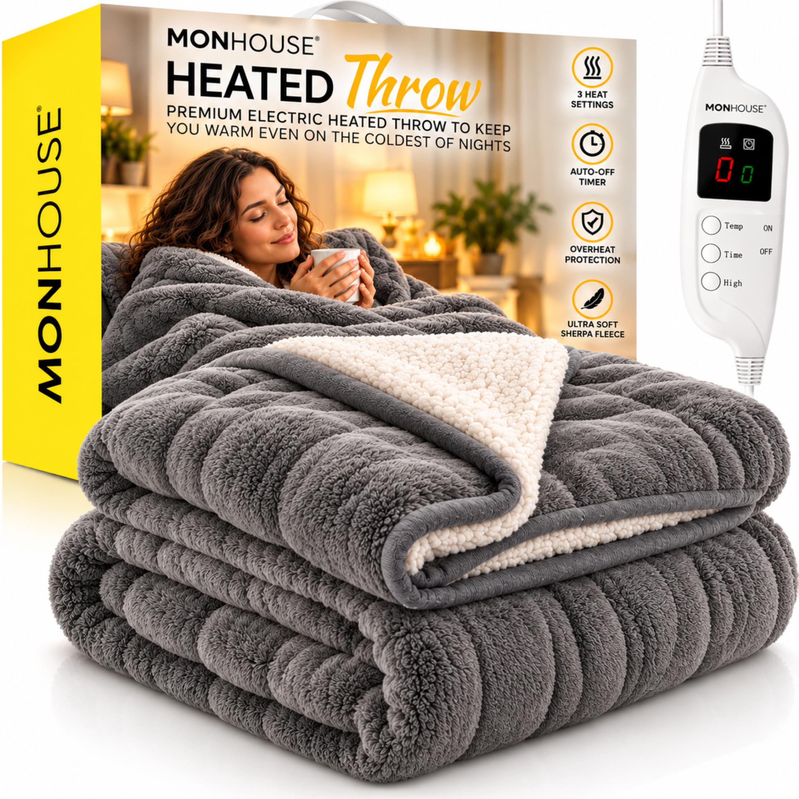 MONHOUSE 150X200 cm Soft Electric Blanket Double - Fleece Sofa Heated Throw With Digital Controller - Machine Washable Bed Throw, Timer up to 9 hours, 9 Heat Settings, Auto Shutoff - GREY Sherpa