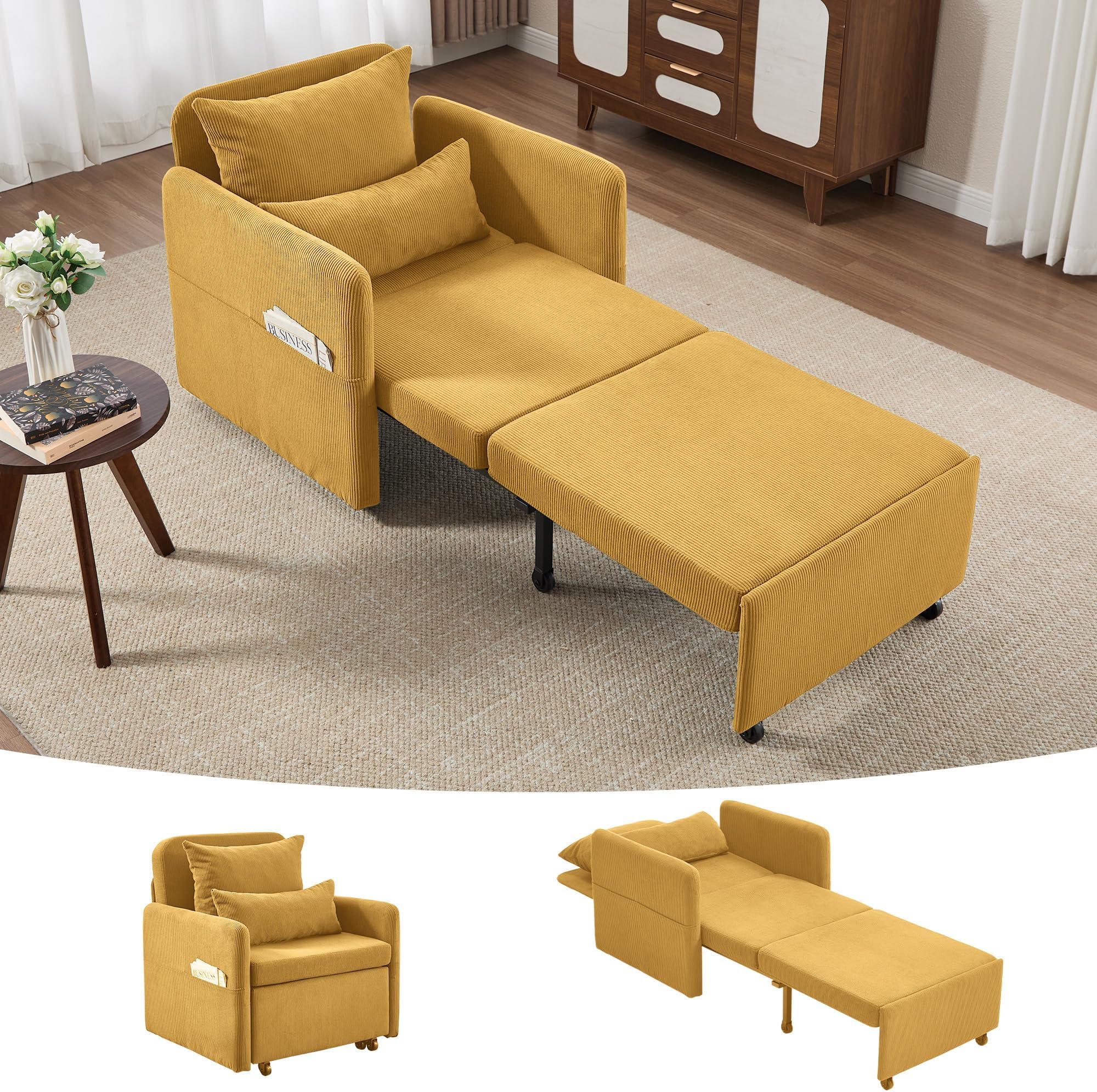 Iroomy 5-Level Adjustable Convertible Sleeper Chair, 3-in-1 Corduroy Pull Out Sofa Bed, 87''Long Convertible Sofa Bed with Pillows, Single Couches for Living Room,Apartment,Dorm,College,RV,Yellow