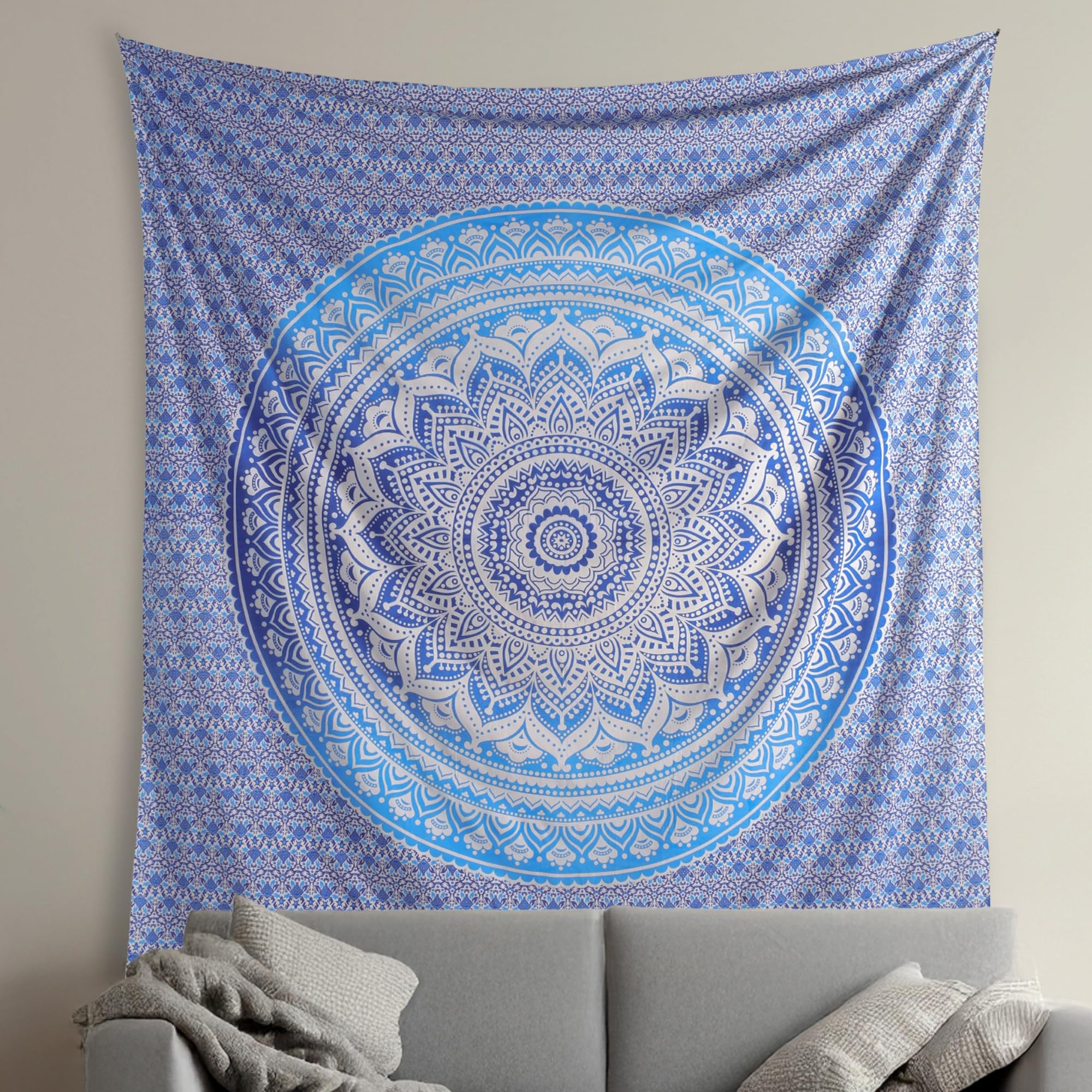 THE ART BOX Aqua Blue Cotton Tapestry Mandala Wall Hanging – Tapestry for Bedroom – Boho Room Decor – Queen Size Aesthetic Wall Tapestry 85x90 Inches