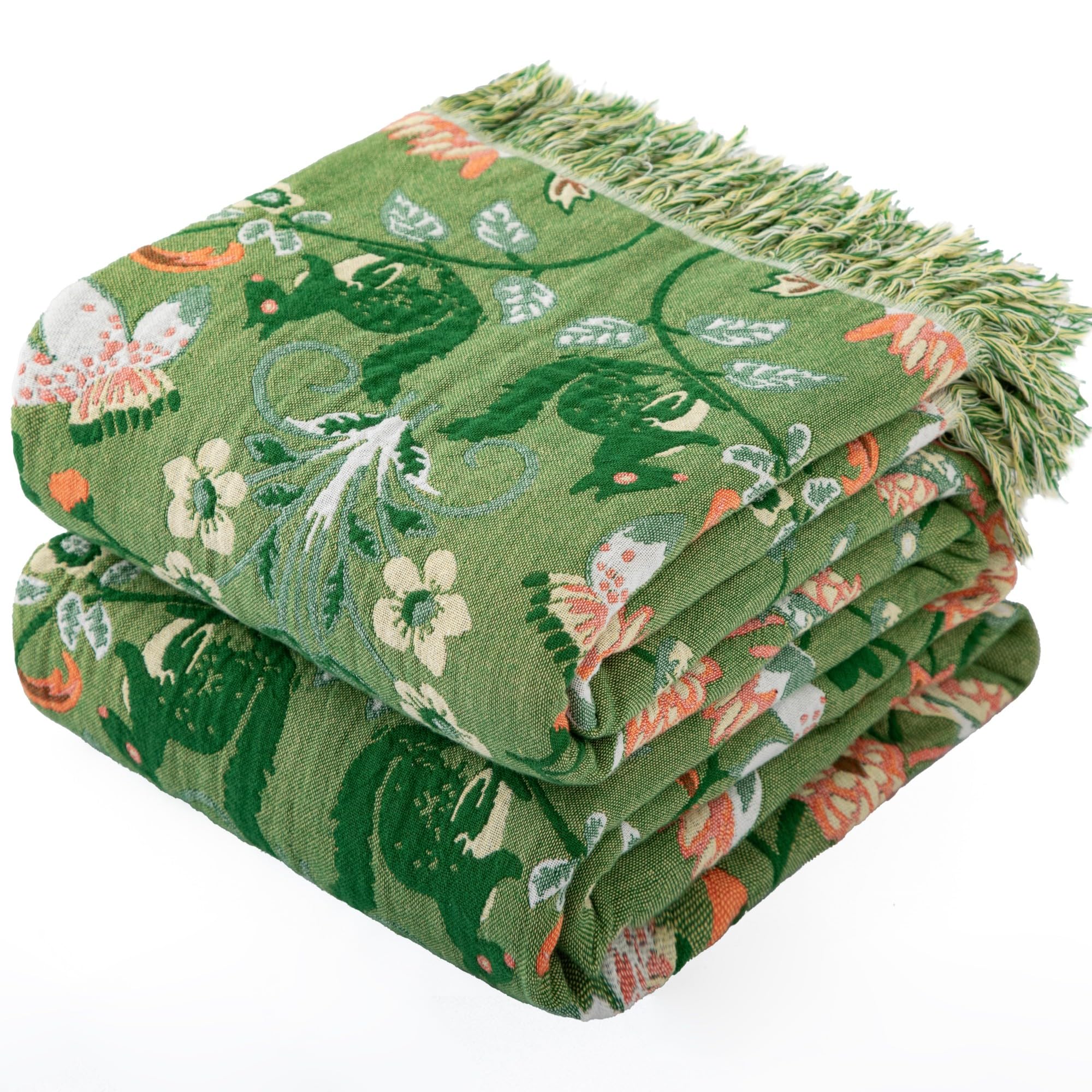 Dormilin Bohemian Throw Blanket for Sofa 230x275cm, 100% Organic Cotton Woven Picnic Blanket for Bed Couch 2-3 Seater, Soft Muslin Quilt with Floral Jacquard, Double-sided Bedspread Throws Green/White