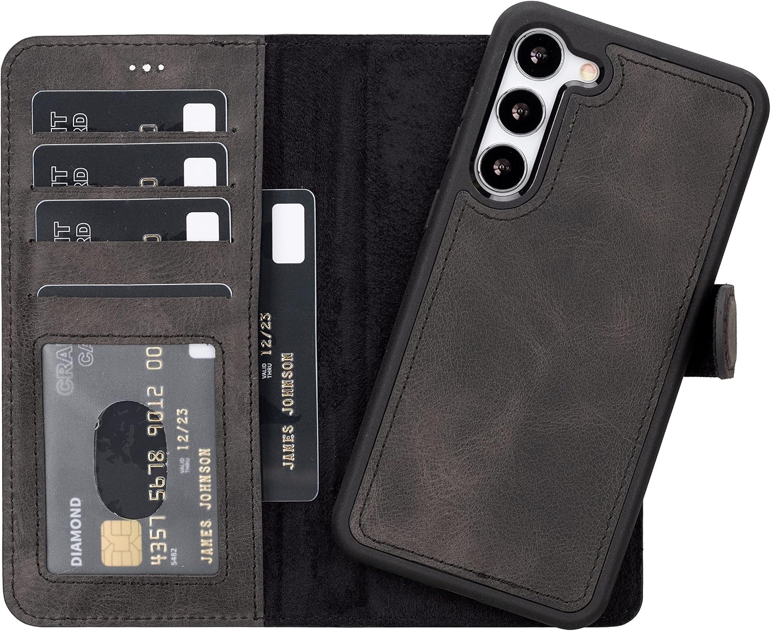 HARDISTON Premium Leather Compatible with Samsung Galaxy S23 Plus Wallet Case - Handmade - Detachable Magnetic Flip Cover with Card Holder & Kickstand - Full Edge Protection (Black)