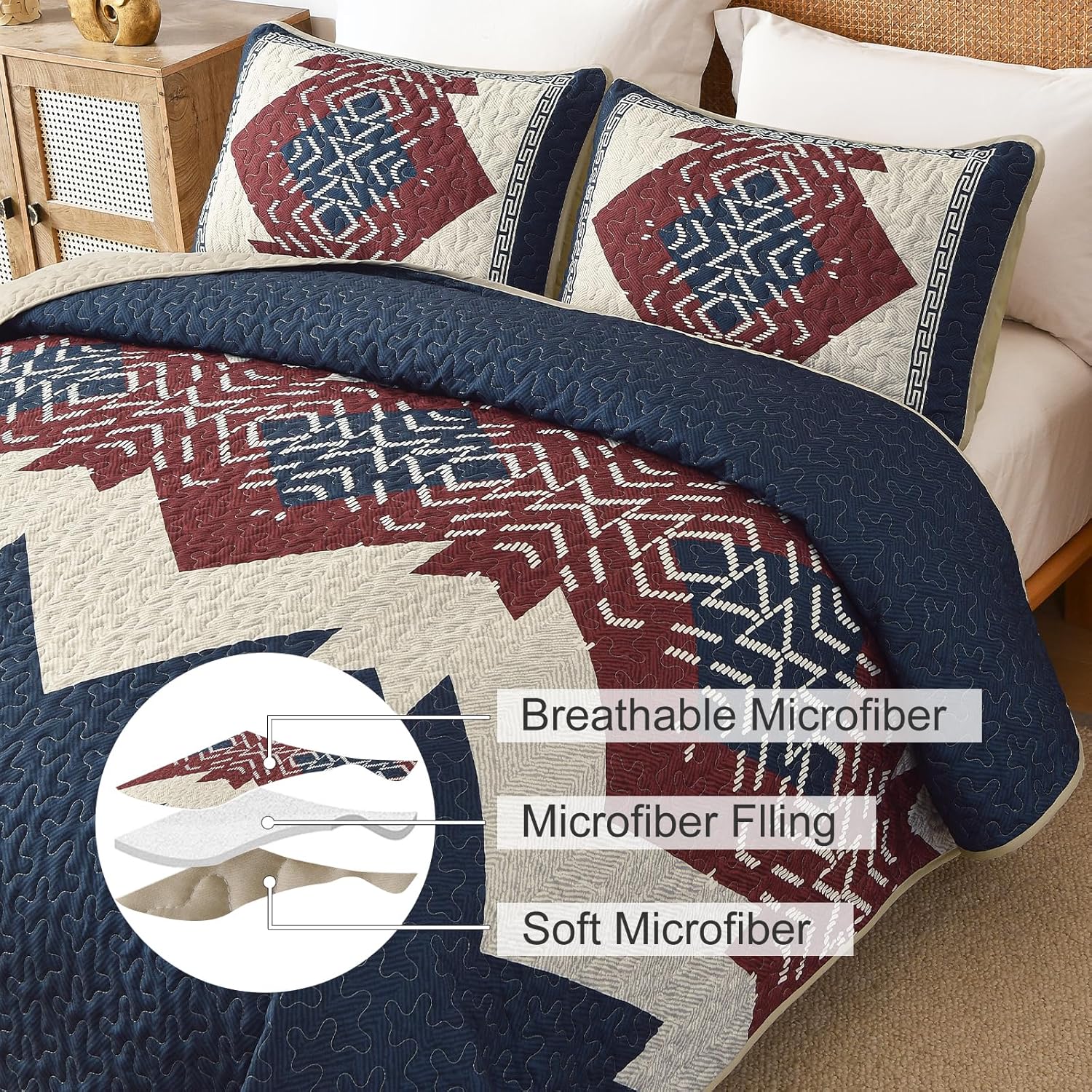 Dintszyayue Queen Quilt Set 3 Piece Boho Aztec Texture Bedspread Coverlet Set Blue and Red Quilt Reversible Lightweight Bedding Set Geometric Bohemian Bed Cover with 2 Pillowcases(Blue Red,90"x96") - Image 6