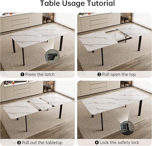 Miniatura 5 de Mesa de comedor extensible para 6-8 personas, mesa rectangular de 63 a 78.7 pulgadas, MDF blanco con patas de metal resistentes, ahorro de espacio