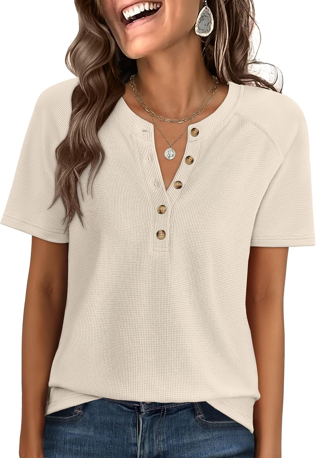 ANRABESS Women Waffle Knit Tops Short Sleeve Henley Shirts Dressy Casual Blouse 2026 Spring Fashion Outfits Trendy Clothes