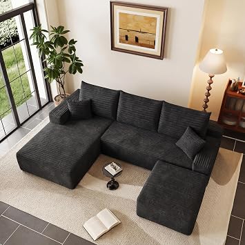95" Modular Sectional Sofa with Ottoman, Modern Corduroy Cloud Couch with Deep Seat, Boneless Couch Upholstered 3-Seater U-Shaped Sofa for Living Room, No Assembly Black,Left-Facing Chaise