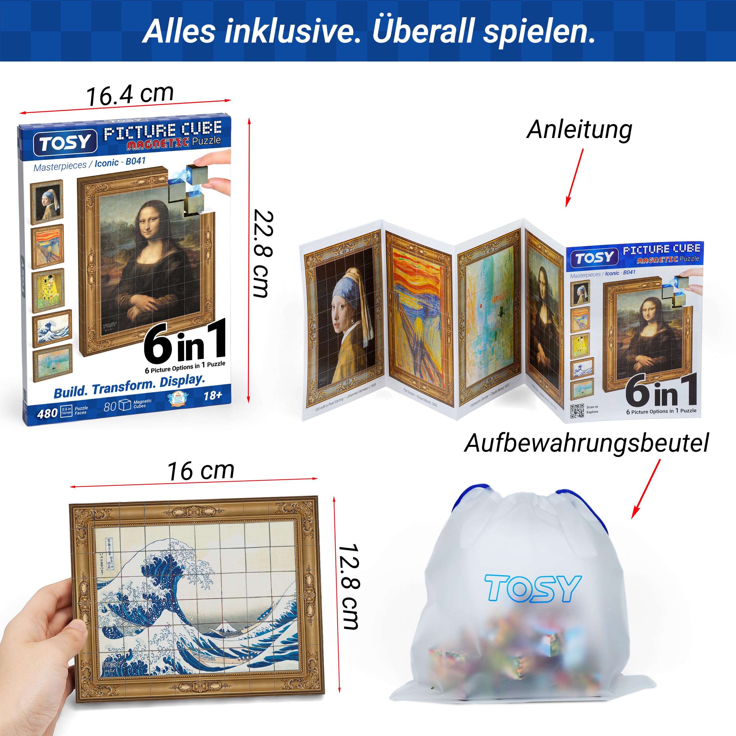 TOSY Picture Cube Iconic Masterpieces: 6-in-1 magnetisches Bilderpuzzle, 80 Blöcke, 488 Flächen/Magnete, 0,6 Zoll, B041, Nahtlose UV-Kunst, Display-Rahmen, Sammelstück, STEM/STEAM Geschenk