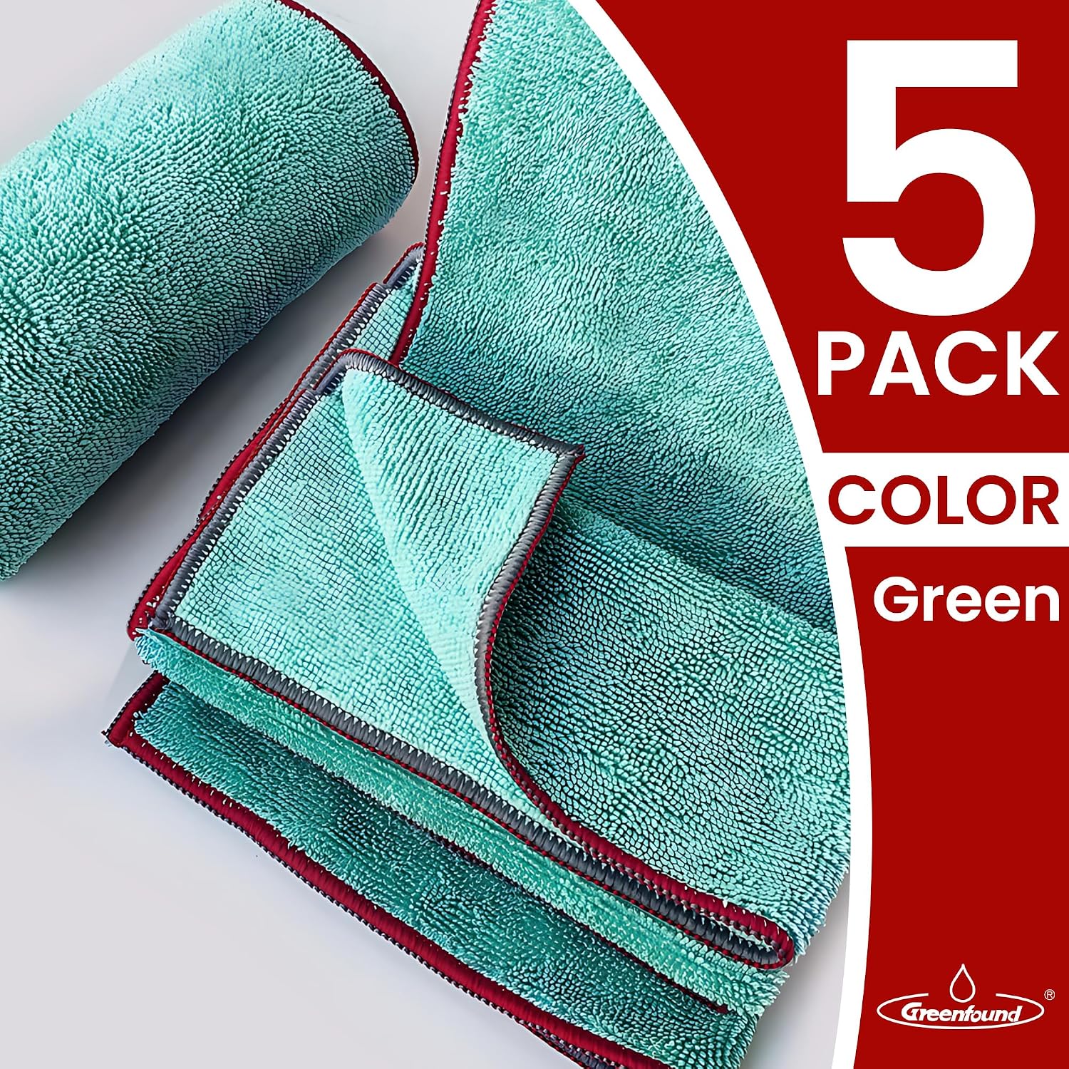 Greenfound Microfiber Cleaning Cloth 5 Pack, 15" x 15" Microfiber Towels for Cars, Lint Free Cloth for House, Kitchen and Window, Green