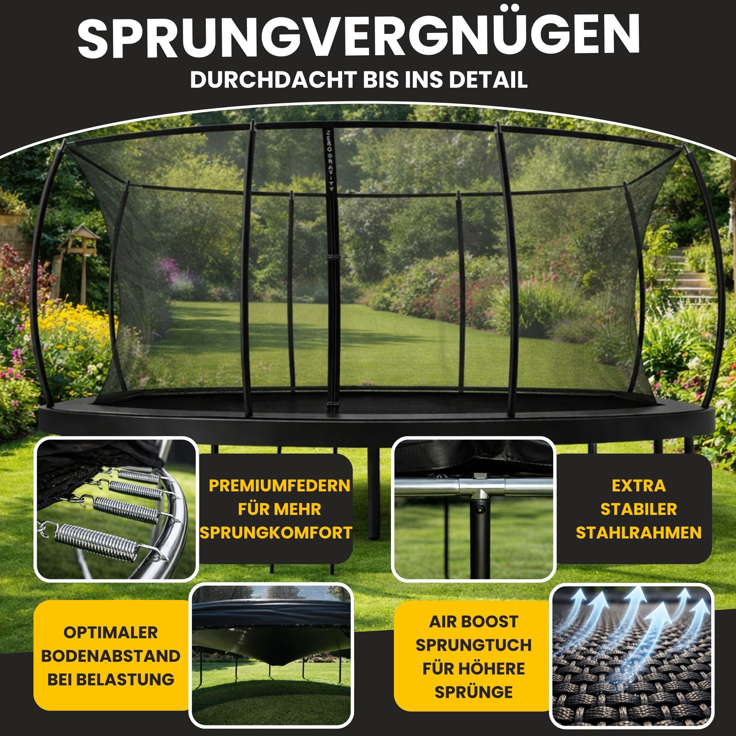 Zero Gravity Trampolin Outdoor oval, TÜV GS geprüft, Komplettset inkl. Leiter, Aufbauvideo, Outdoor Trampolin für Kinder & Erwachsene mit innenliegendem Sicherheitsnetz