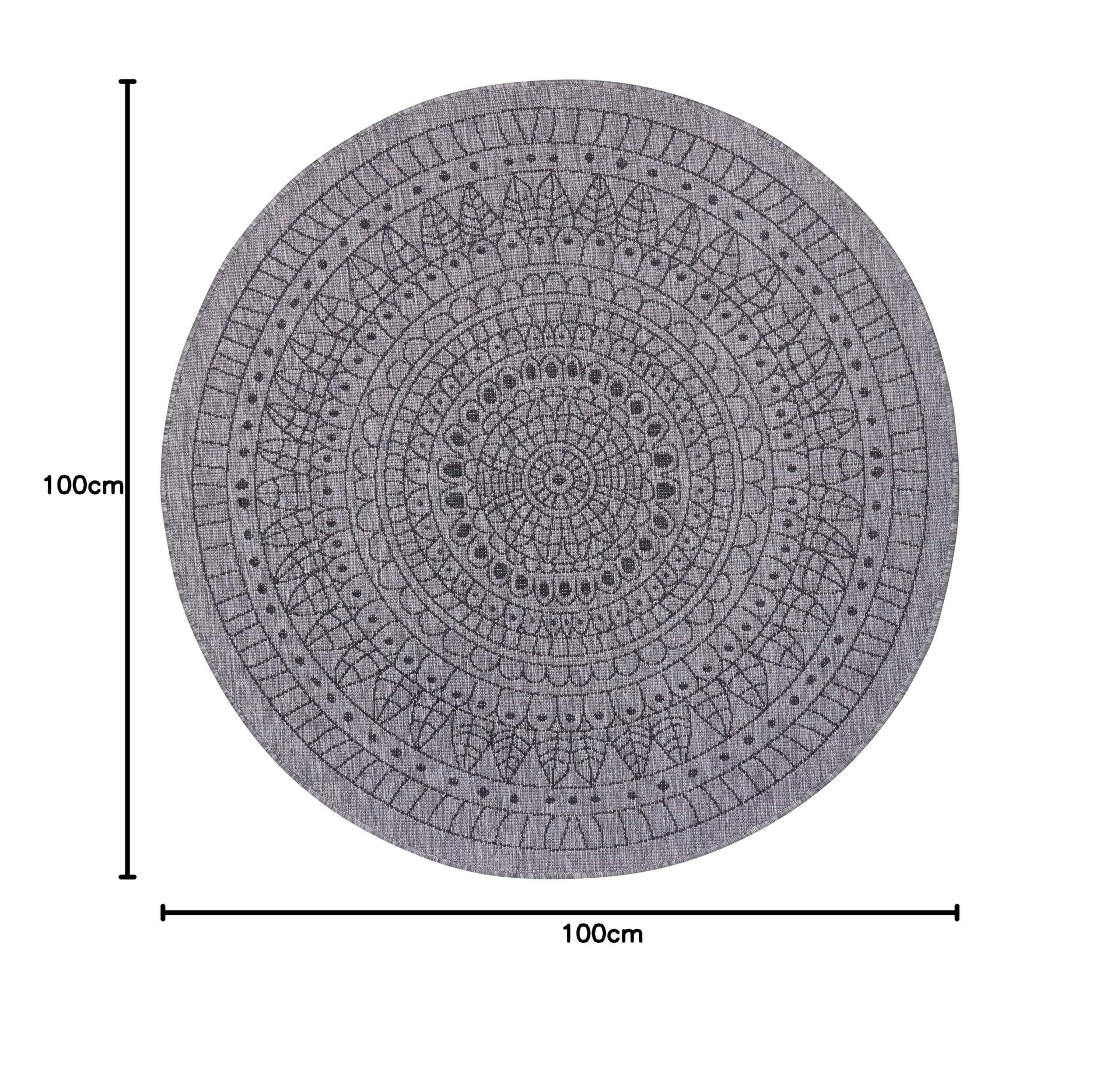 Northrugs Porto Tapis d'intérieur et d'extérieur Rond réversible imperméable Motif Mandala Tissu Plat Résistant aux intempéries pour Balcon, terrasse, Jardin, Salon, Argenté Nuit, diamètre 100 cm