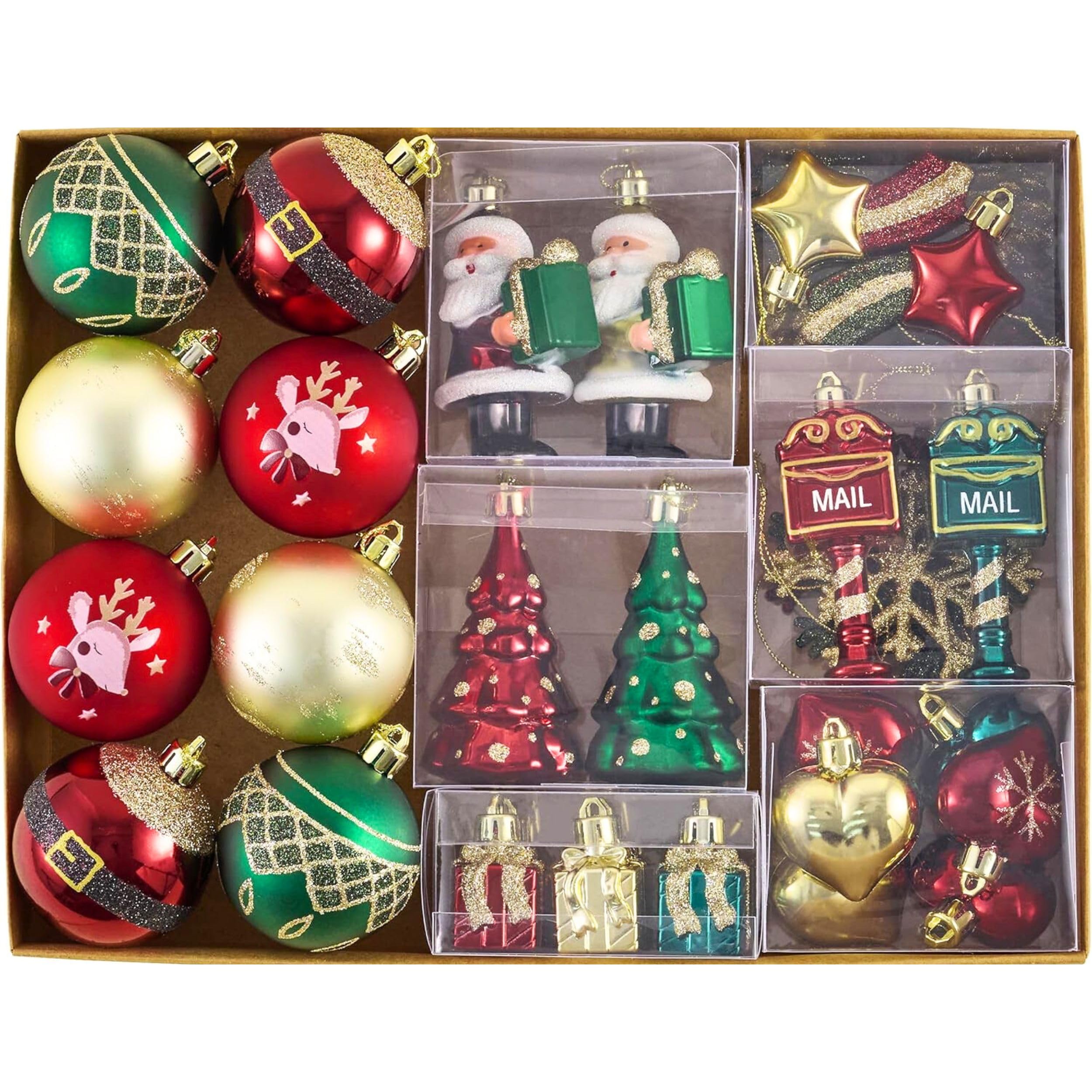 Valery Madelyn Lot de 40 boules de Noël avec paquet cadeau - Décoration de sapin de Noël avec crochet de suspension - Rouge vert doré