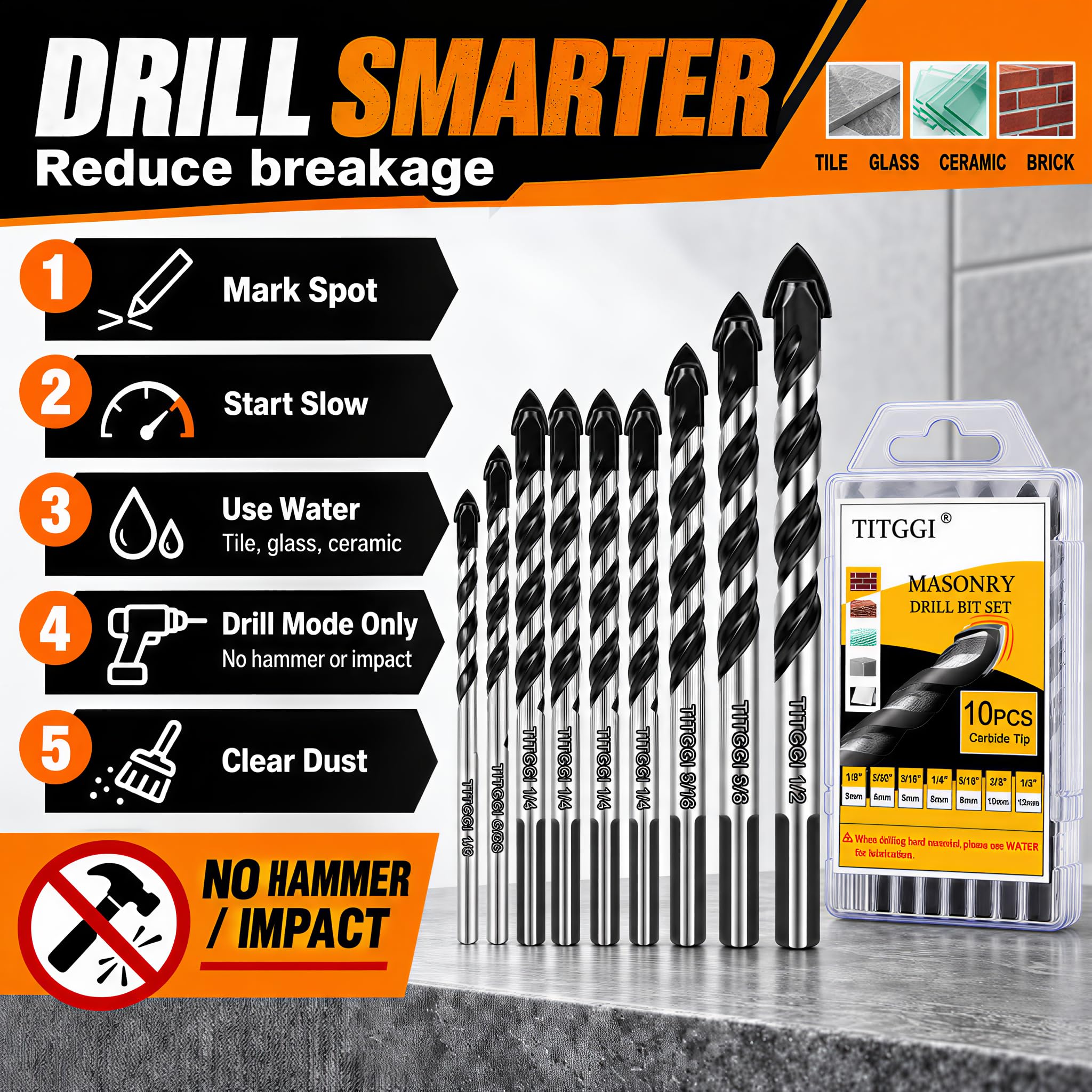 Titanium Masonry Drill Bit Set - 10 Pieces -7