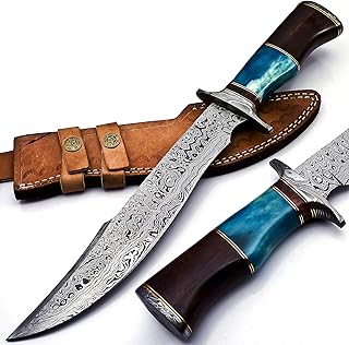 BK-41 Handmade Damascus Steel 15 Inches Bowie Knife - Solid Marindi Wood and Bull Horn Bone Handle With Leather Sheath (Case/Knife May Vary Slightly) (B/Blue) - Nooraki