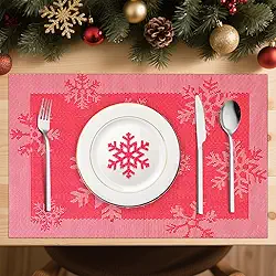 Jogo Americano de Natal 6 Peças, 30cm x 45cm Retangular, Antiderrapante, Resistente ao Calor, Lavável, Fácil de Limpar, Alta Durabilidade, PVC Mesa Posta Sousplat, Vermelho