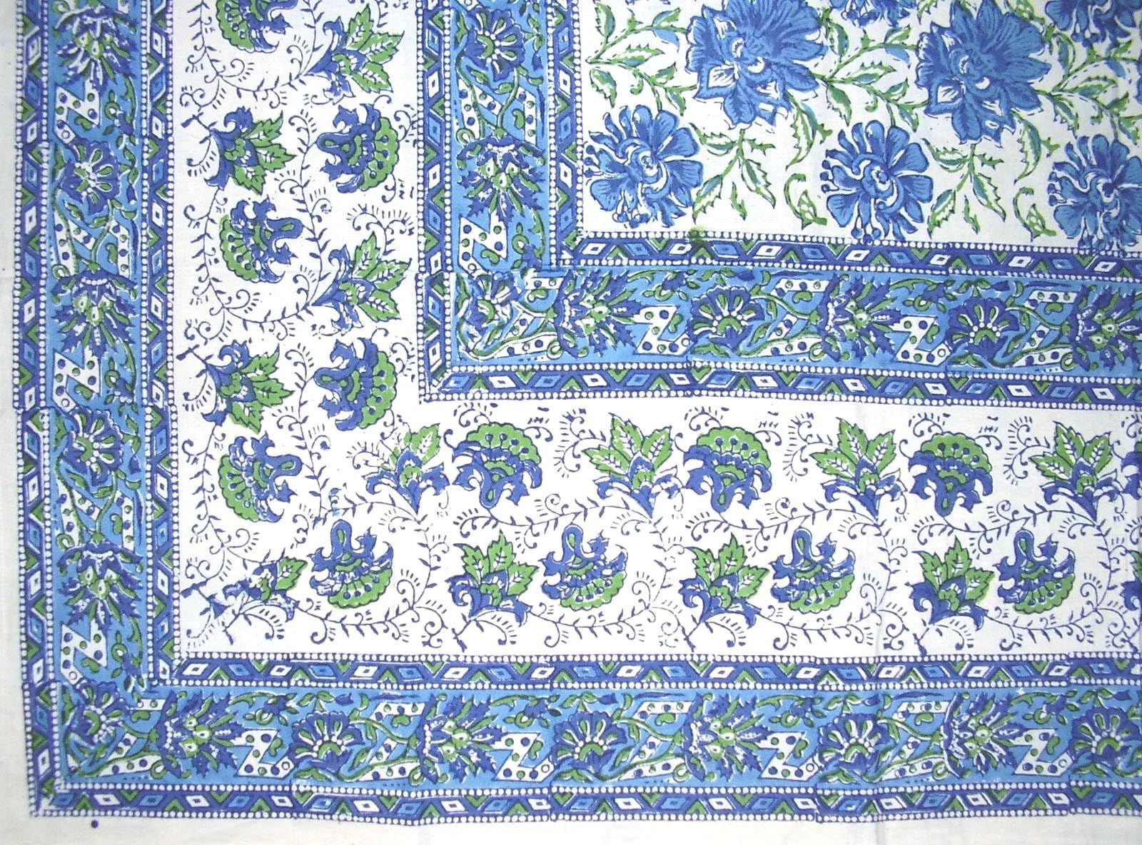 HOMESTEAD Lotus Flower Block Print Floral Cotton Tablecloth 90" x 60" Blue