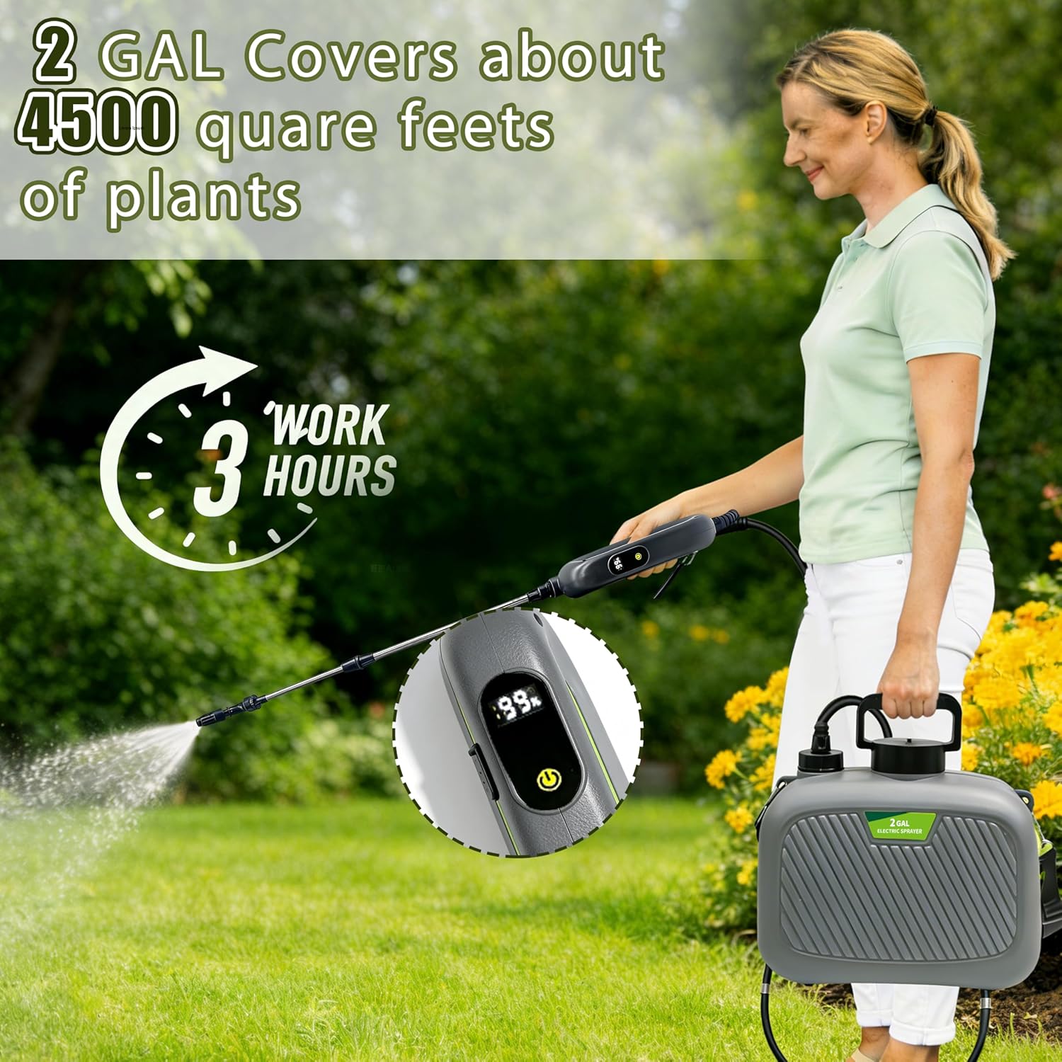 2 Gallon Battery Powered Sprayer, Covers 4,500 Sq Ft per Tank – Electric Sprayer with 3 Interchangeable Nozzles, Handle with Digital Battery Display, for Lawn, Garden & Outdoor Cleaning – Gray