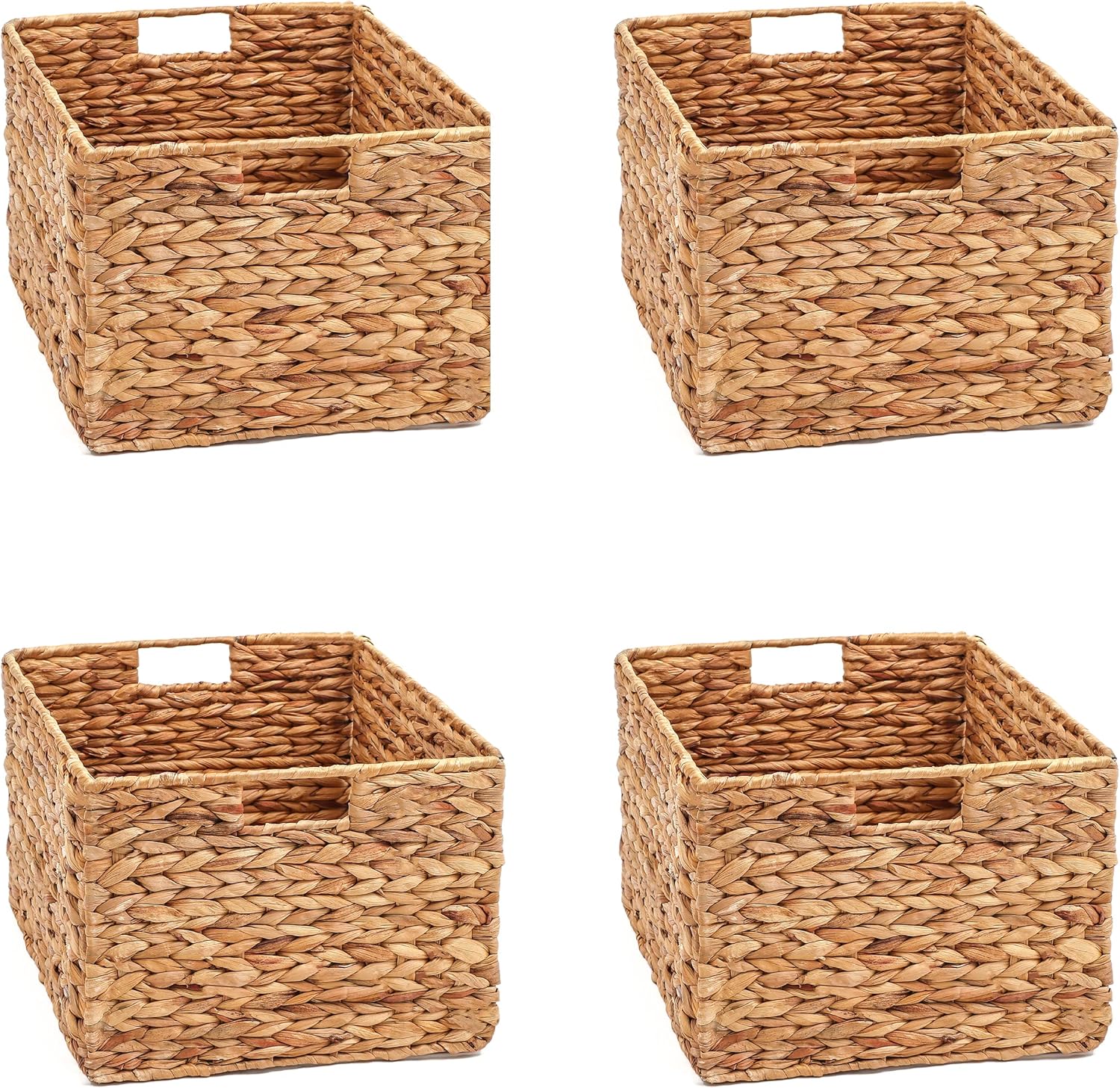Trademark Innovations Set of 4 Large Foldable Water Hyacinth Wicker Storage Baskets - 16x12x10 Rectangle Bins with Handles
