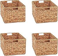 Trademark Innovations Set of 4 Large Foldable Water Hyacinth Wicker Storage Baskets - 16x12x10 Rectangle Bins with Handles