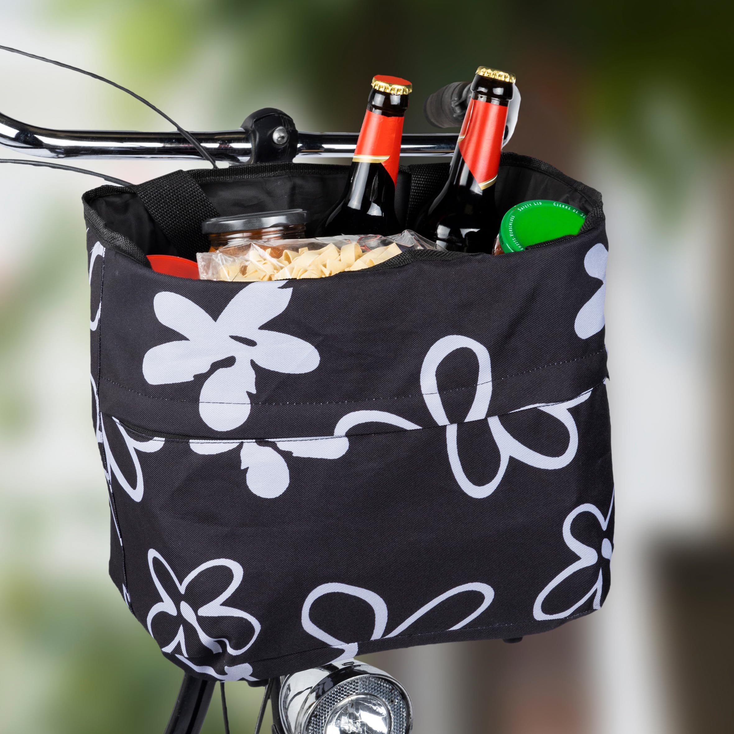 Fahrradtasche schwarz mit Blumen für Lenker - 30 x 25 cm - Einkaufstasche für Fahrräder zur Festmontage - Fahrradkorb Lenkertasche Einkaufskorb Transportkorb Metallkorb Tasche für Fahrrad engmaschig