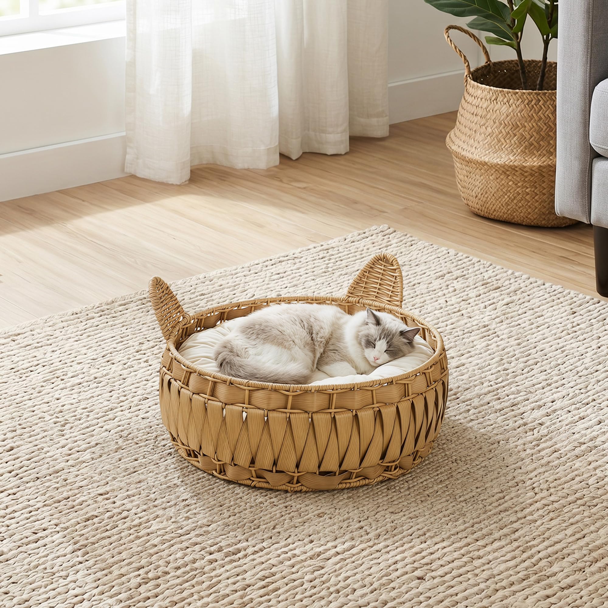 PawHut Legowisko i kryjówka dla kota do 10 kg 50x50x25 cm Jasnobrązowe | Zdejmowana poduszka, koszyk, domek, rattan