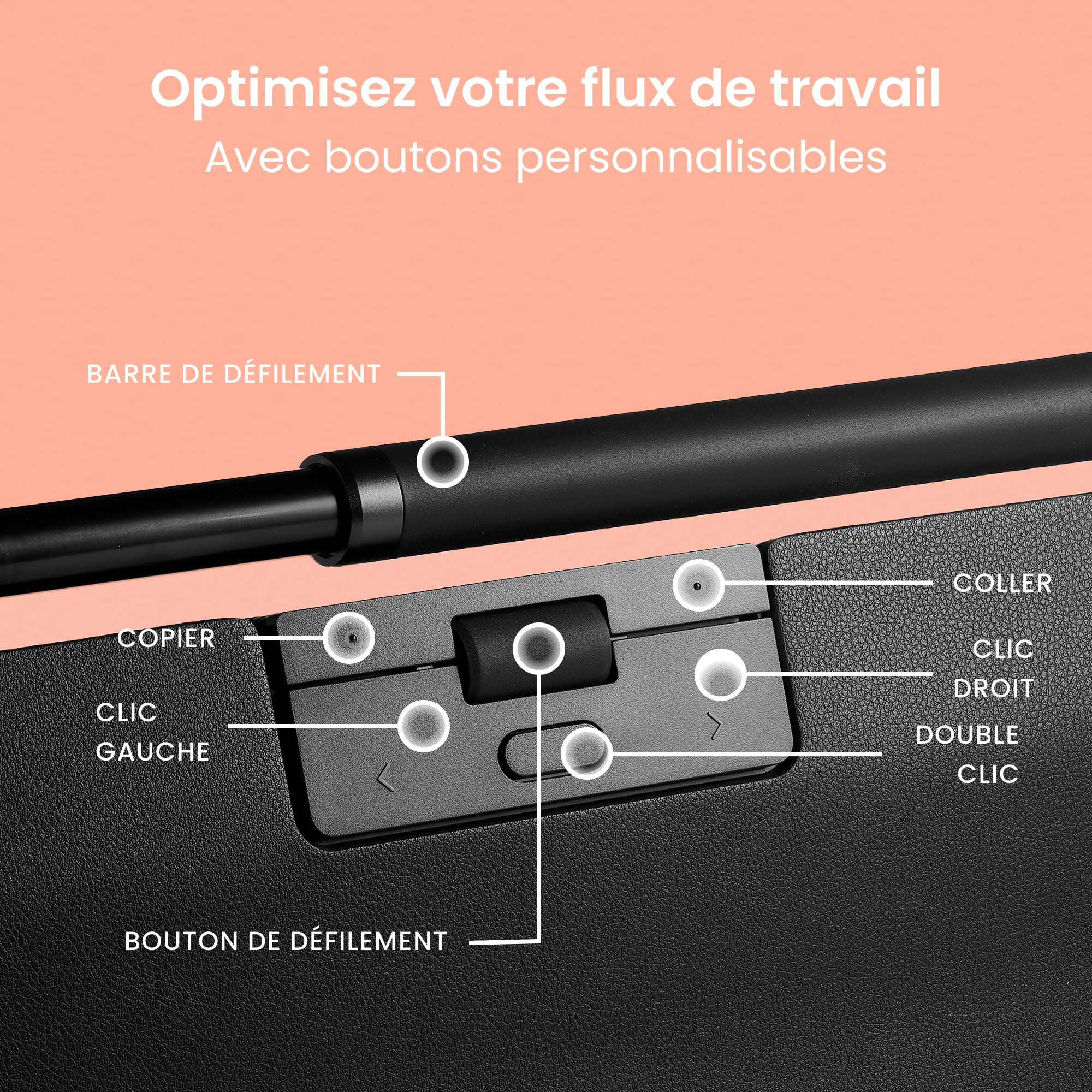 RollerMouse Pro Slim – Souris Ergonomique pour soulager Les douleurs au Cou, aux épaules et aux Poignets | Barre de roulement Centrale | Repose-Poignets en Cuir végétalien | 600 à 2800 DPI | Filaire