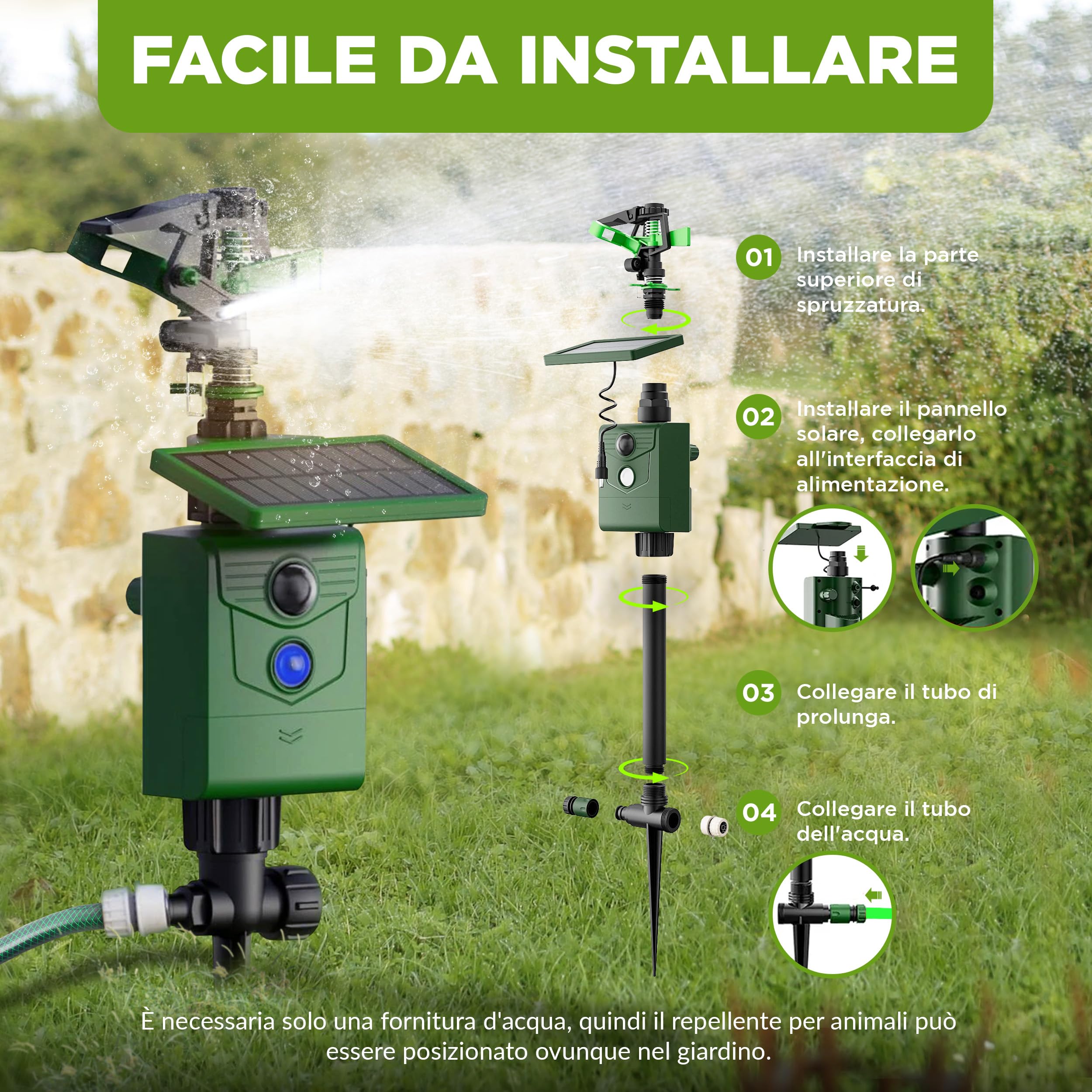 ISOTRONIC® Jet d'acqua Plus Light Dissuasore per animali a energia solare, a energia solare, repellente per cani e gatti, spaventatore per uccelli e aironi per giardino, rilevatore di movimento