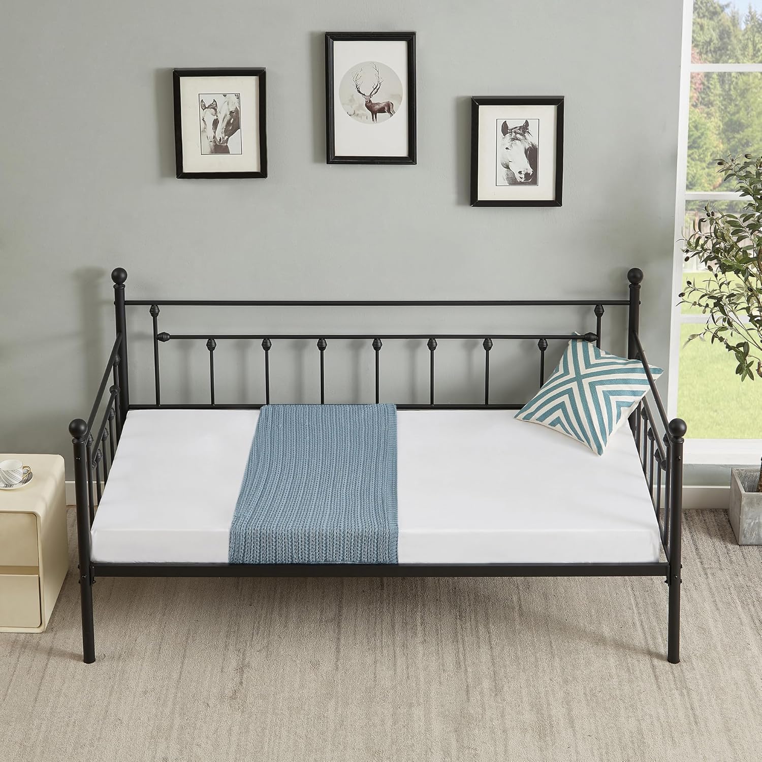 VECELO Twin Size Daybed Frame Metal Steel Slat Support with Headboard Sofa Bed Platform for Living Room, Guest Room, Easy Assembly, Black