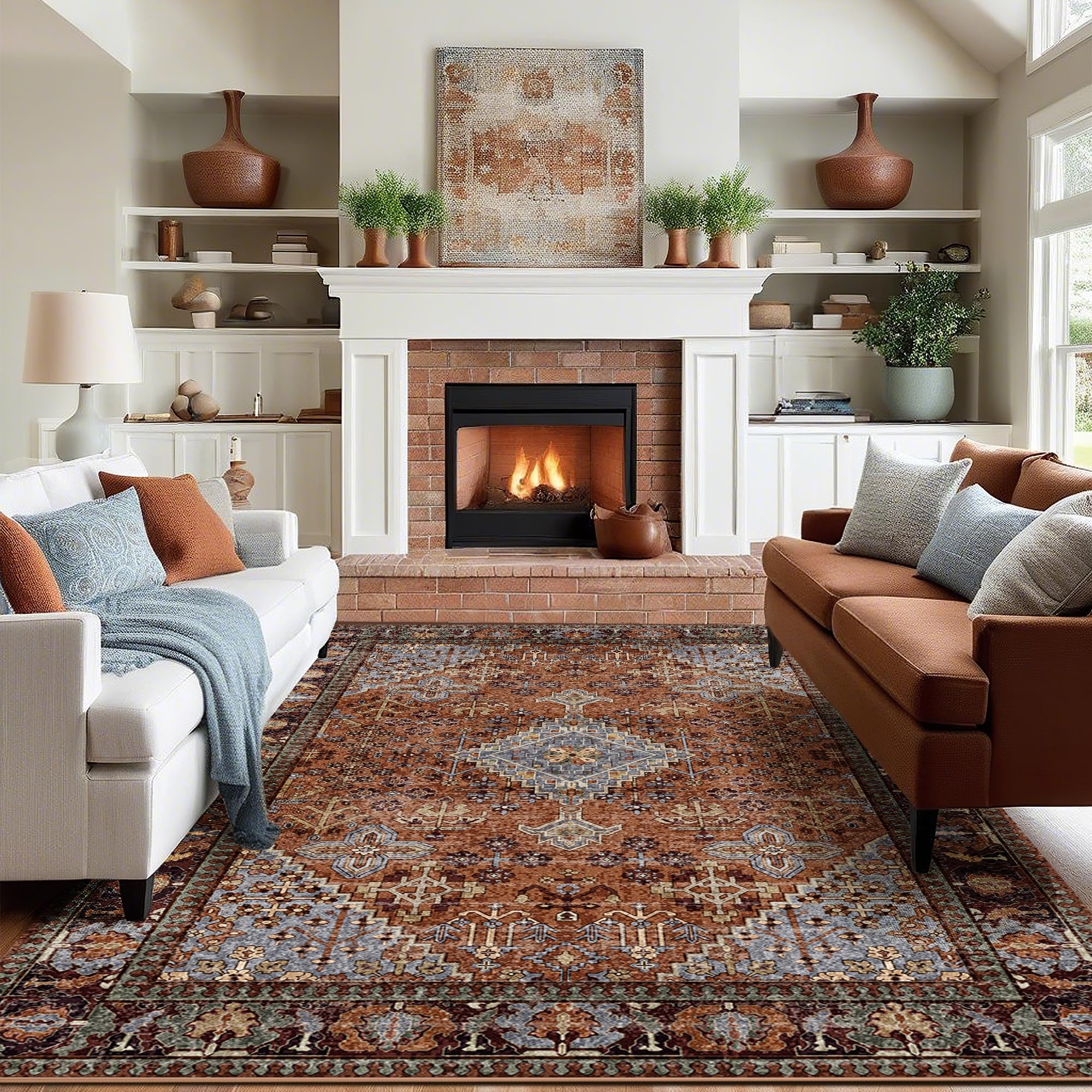 9x12 Boho Machine Washable Low Pile Area Rugs for Living Room Sienna Brown