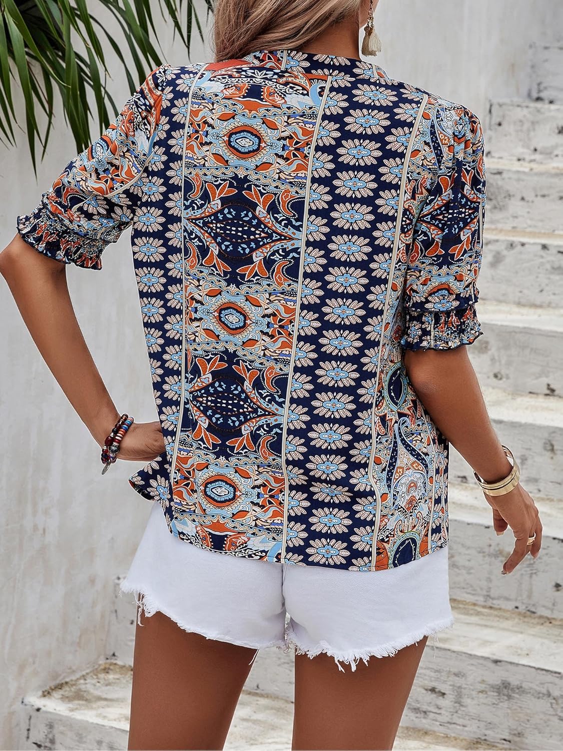 Angashion Womens Tops, Summer Casual Short Sleeve V Neck Solid Flowy Top Loose Tunic Blouses Shirts - Image 3