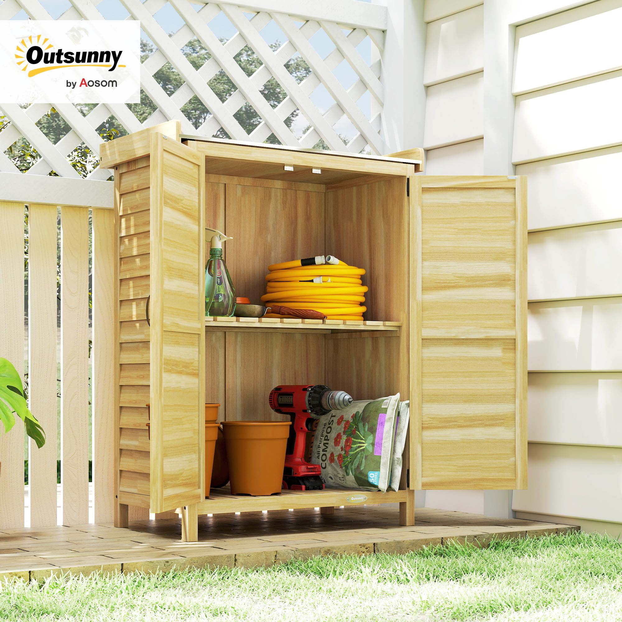 Outsunny Armoire de Jardin en Bois, Armoire extérieure de Rangement avec étagère et Crochets, Plan de Travail en métal galvanisé, Table de rempotage pour Balcon et terrasse 71,5x39x95 cm Bois Naturel