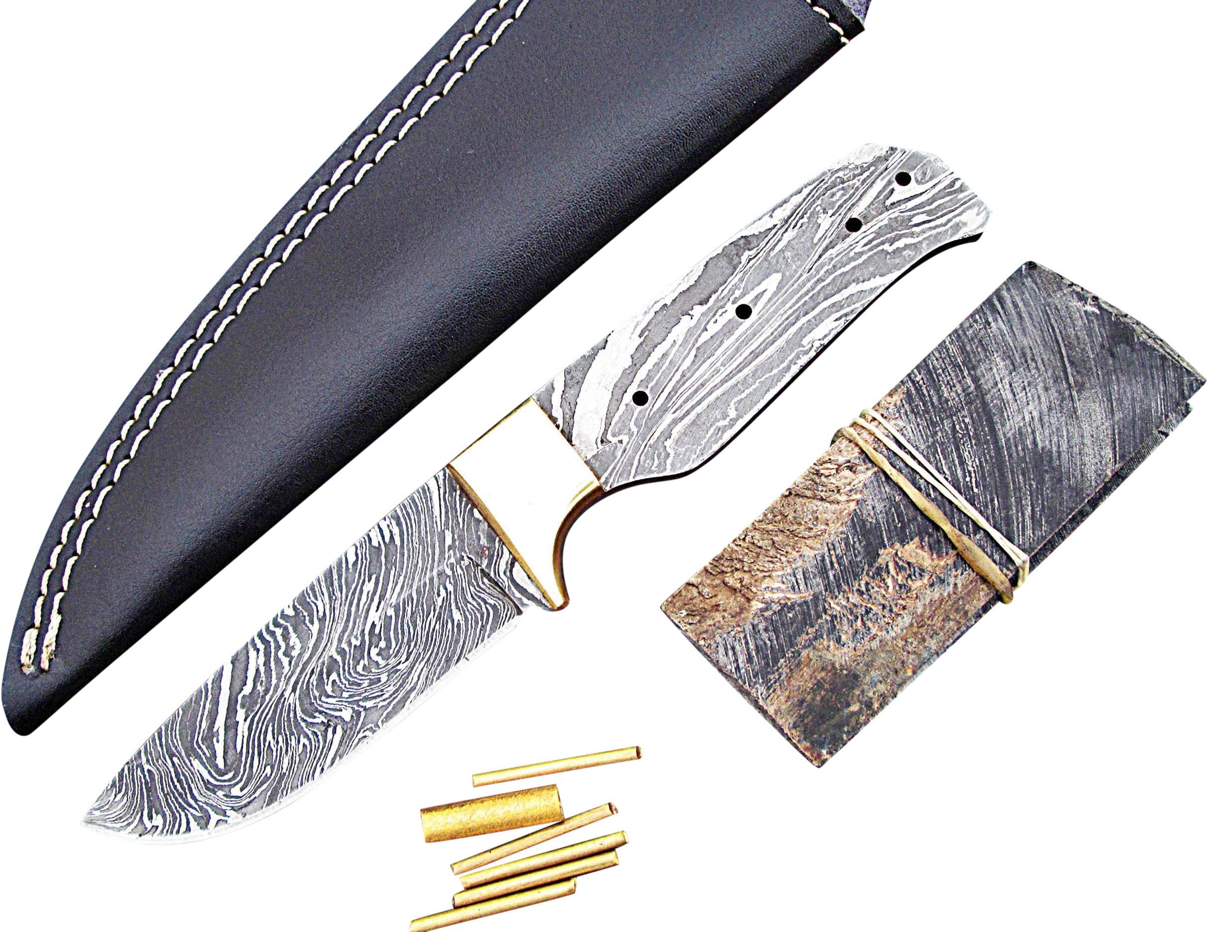 ColdLand | 7.50" Custom Handmade Damascus Steel Blank Blade Kit Knife Making Suppllies with Sheath, Brass Pins and Handle Scales SK103-8