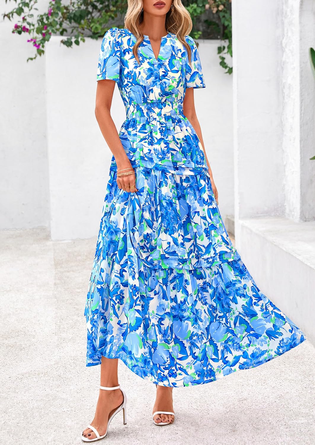 PRETTYGARDEN Women's 2026 Summer Boho Maxi Dresses Floral Short Sleeve V Neck A Line Tiered Flowy Long Beach Vacation Dress - Image 4